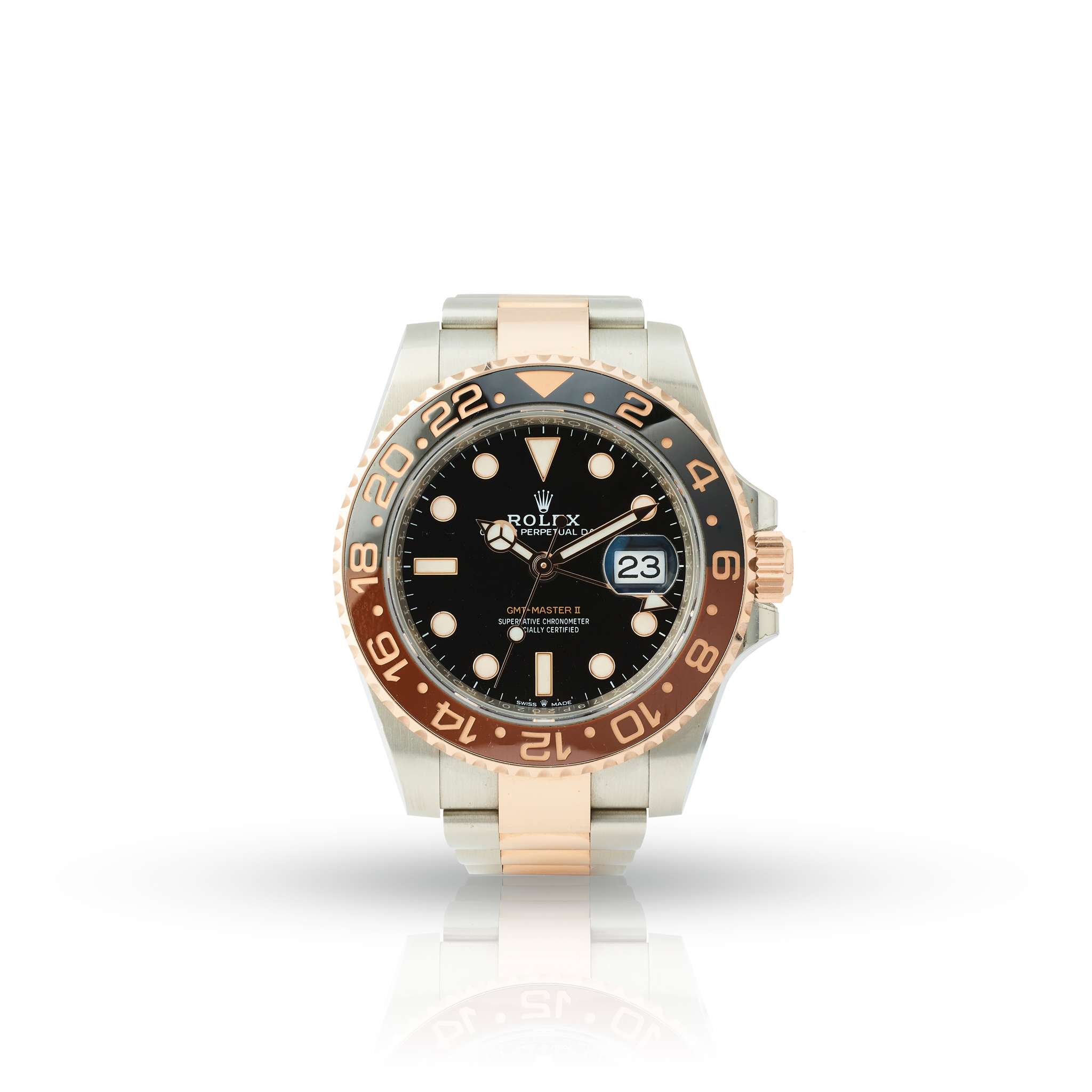 Rolex. A fine stainless steel and pink gold automatic dual-time wristwatch