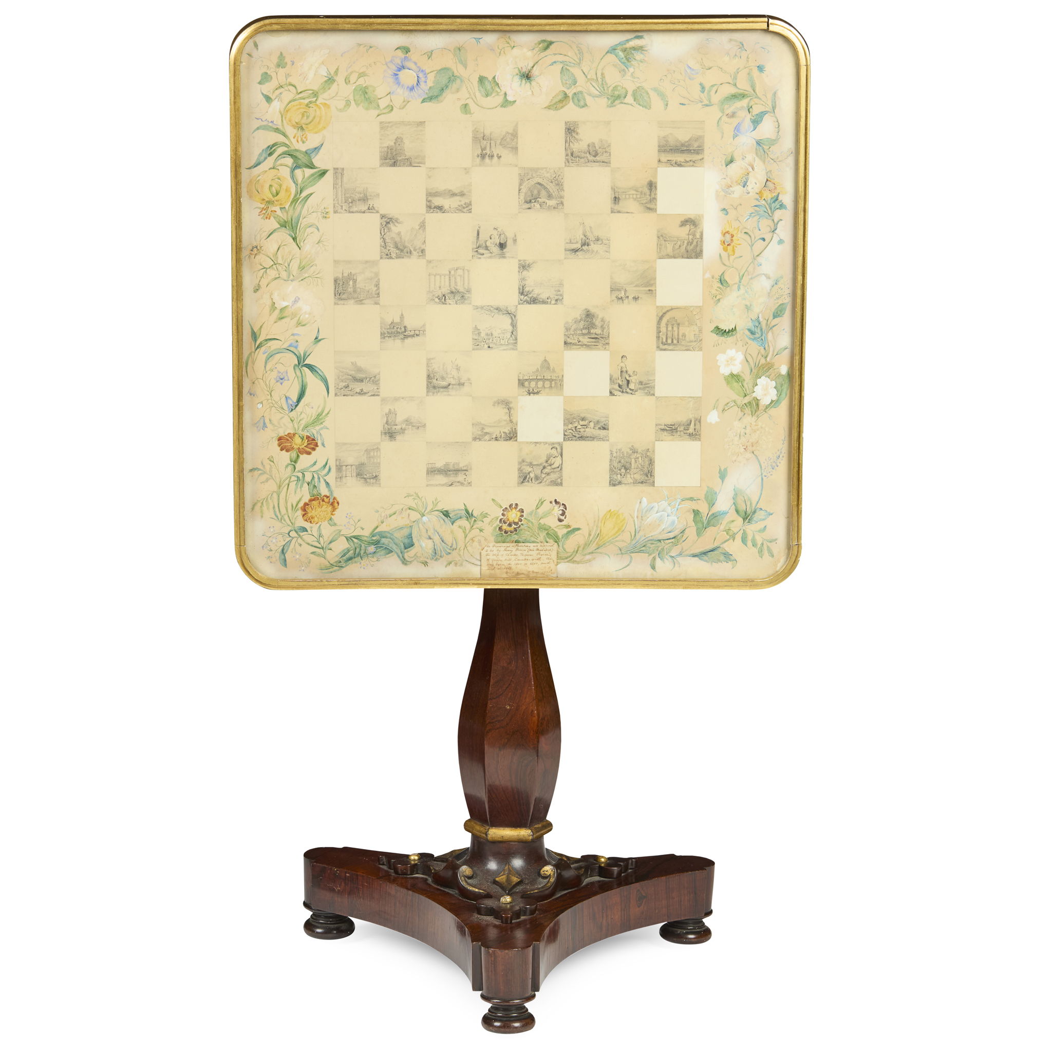 WILLIAM IV ROSEWOOD AND PARCEL-GILT ARTIST PAINTED GAMES TABLE