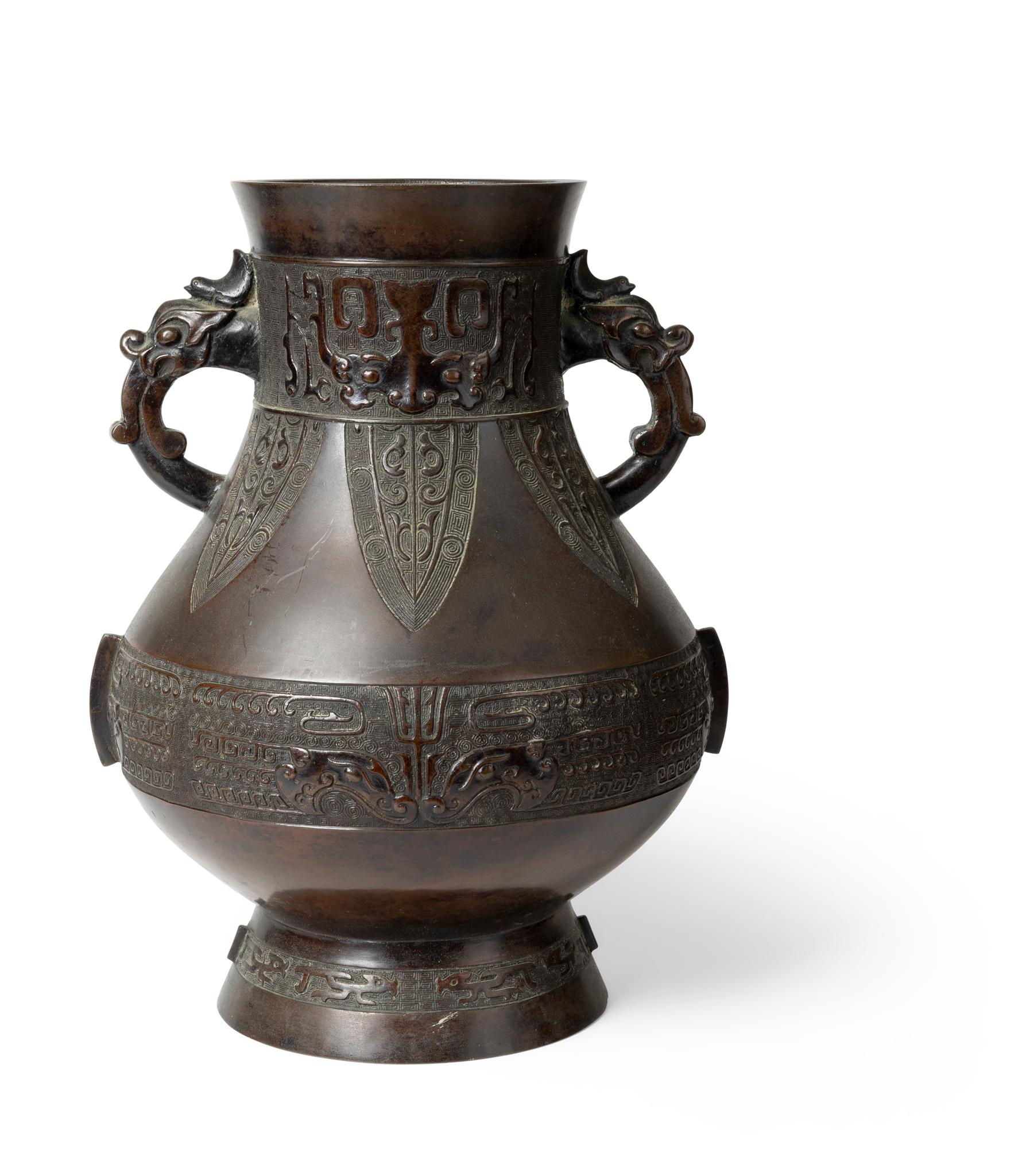LARGE CHINESE ARCHAISTIC BRONZE 'TAOTIE' VASE, HU