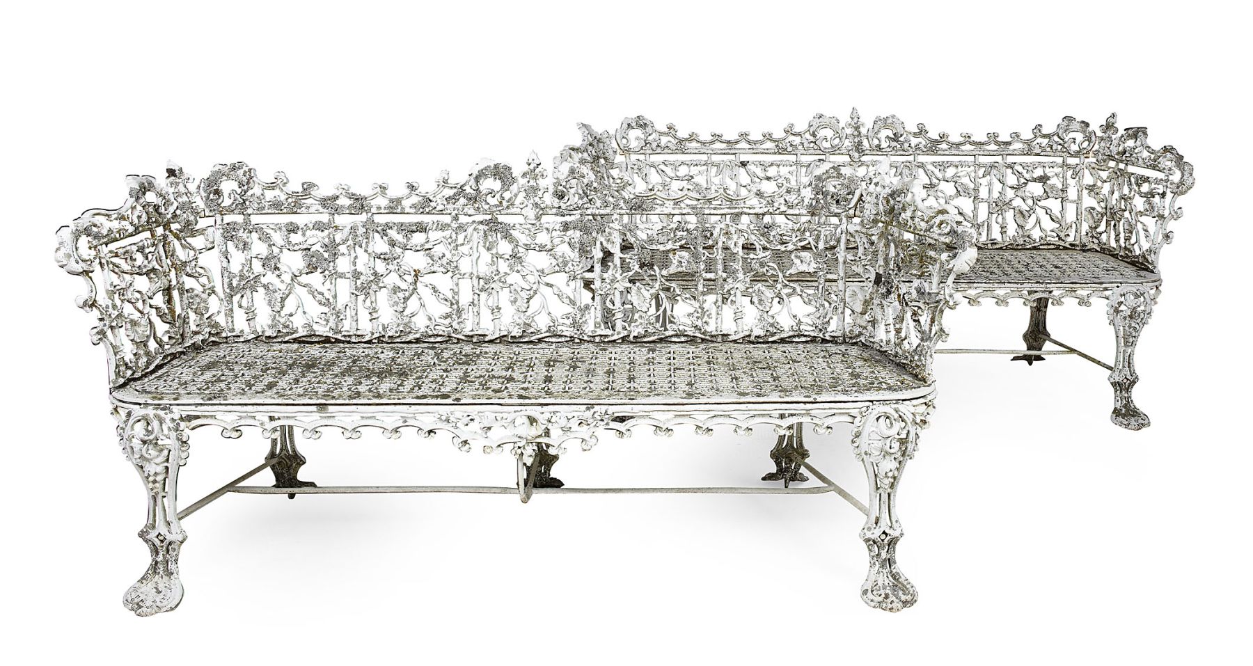 PAIR OF VICTORIAN WHITE PAINTED CAST IRON GARDEN BENCHES