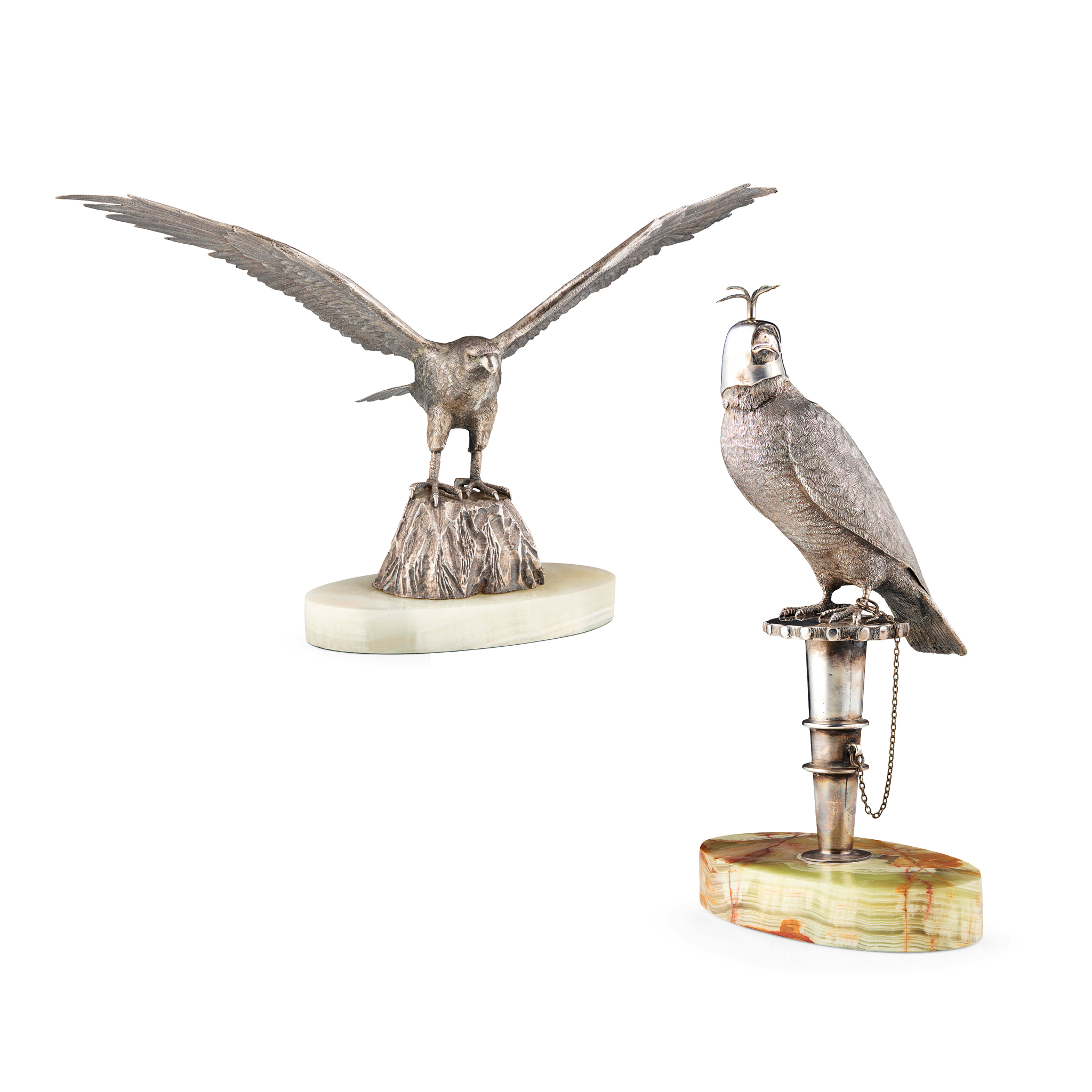 TWO CONTINENTAL SILVERED BRONZE MODELS OF FALCONS