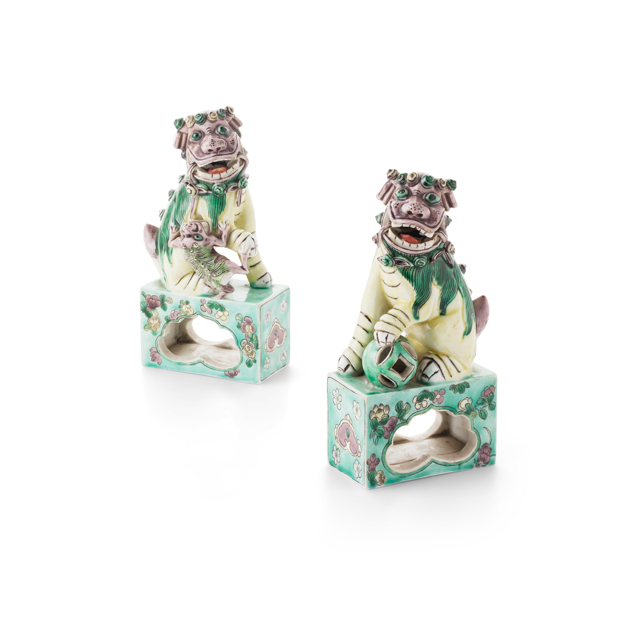 PAIR OF SANCAI-GLAZED BISCUIT BUDDHIST LIONS