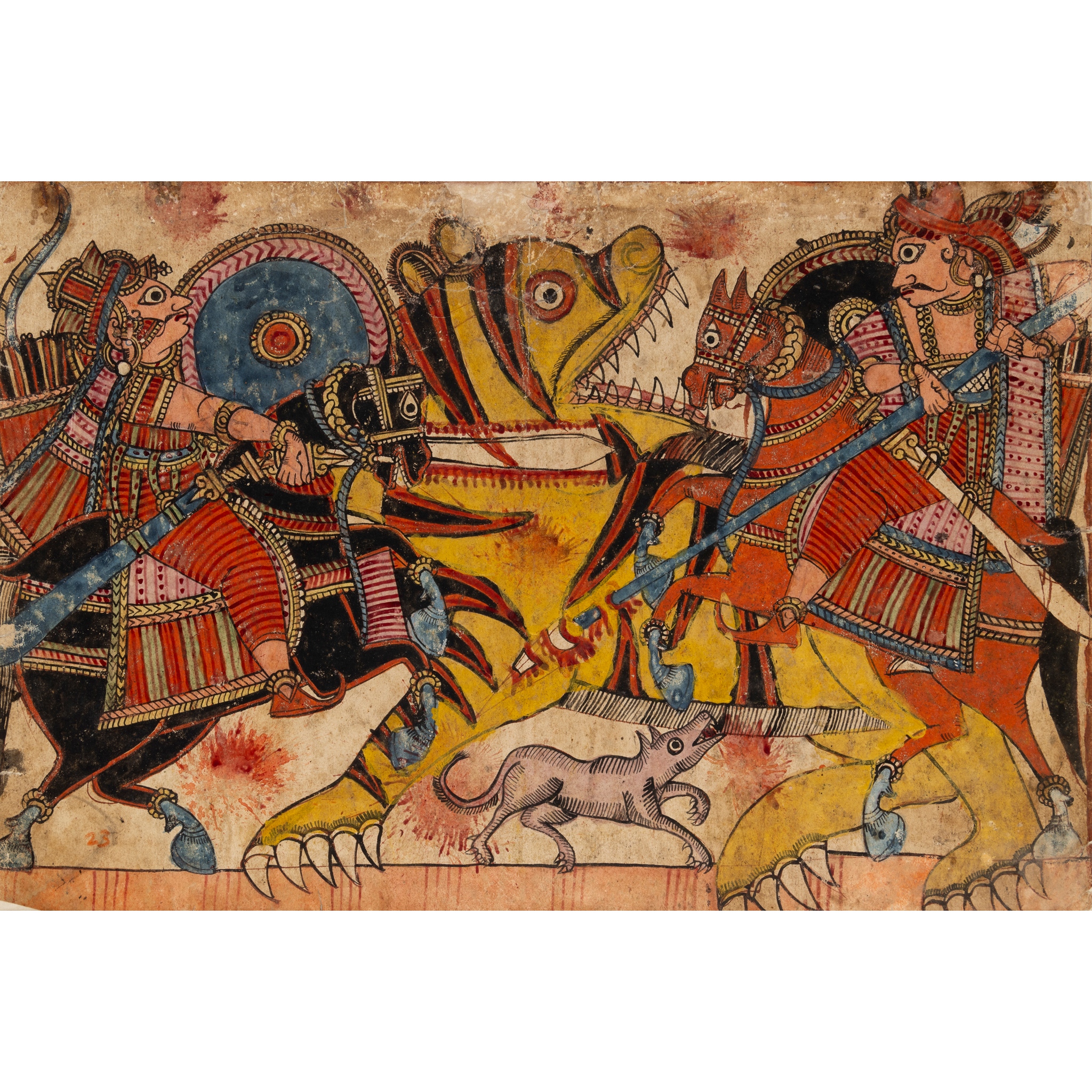 AN ILLUSTRATION FROM THE MAHABHARATA SERIES: HARISHCHANDRA AND HIS MINISTER KILLING A TIGER