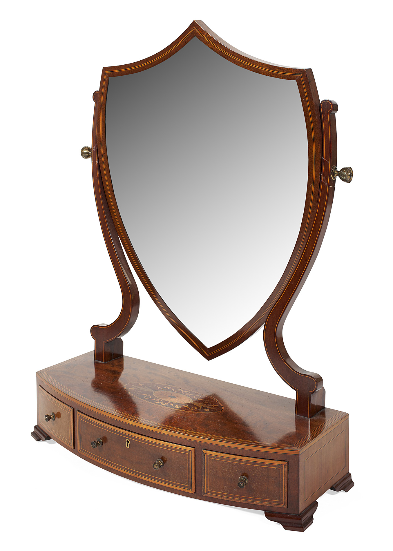 GEORGE III STYLE MAHOGANY SHIELD SHAPED TOILET MIRROR, BEARS EDWARDS AND ROBERTS STAMP