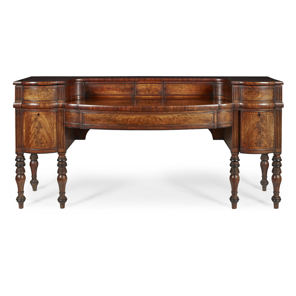 SCOTTISH REGENCY MAHOGANY AND EBONY STAGEBACK SIDEBOARD