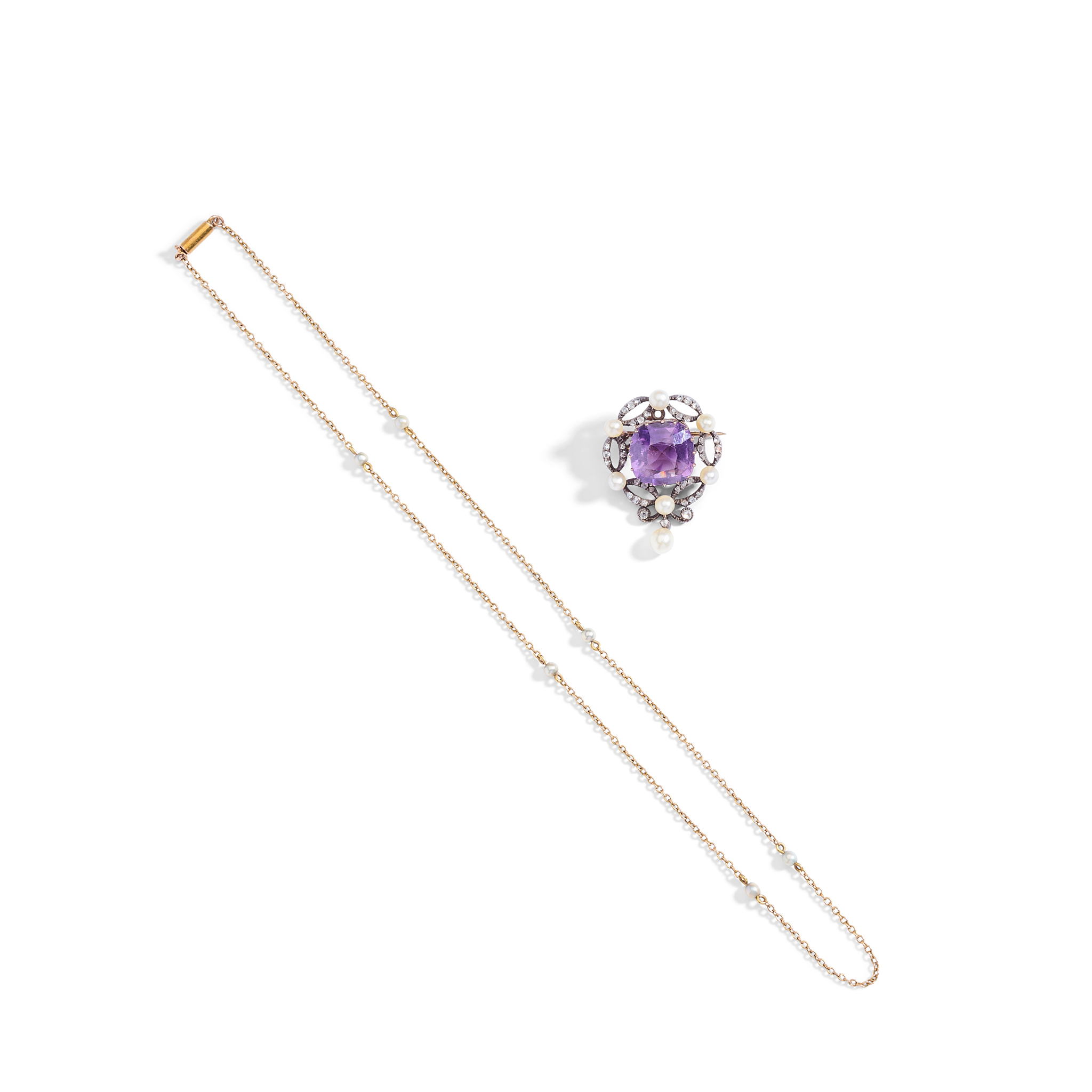An amethyst, pearl and diamond brooch pendant and chain