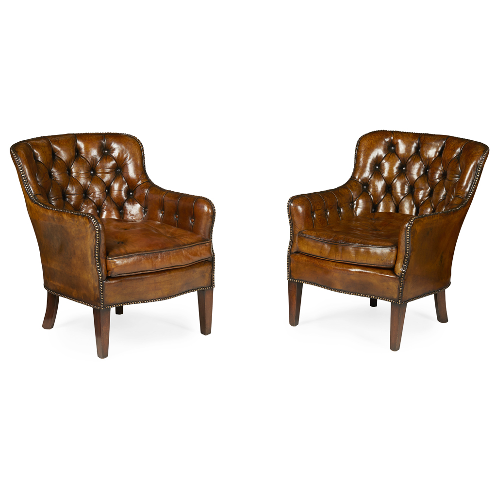 PAIR OF LEATHER UPHOLSTERED TUB ARMCHAIRS
