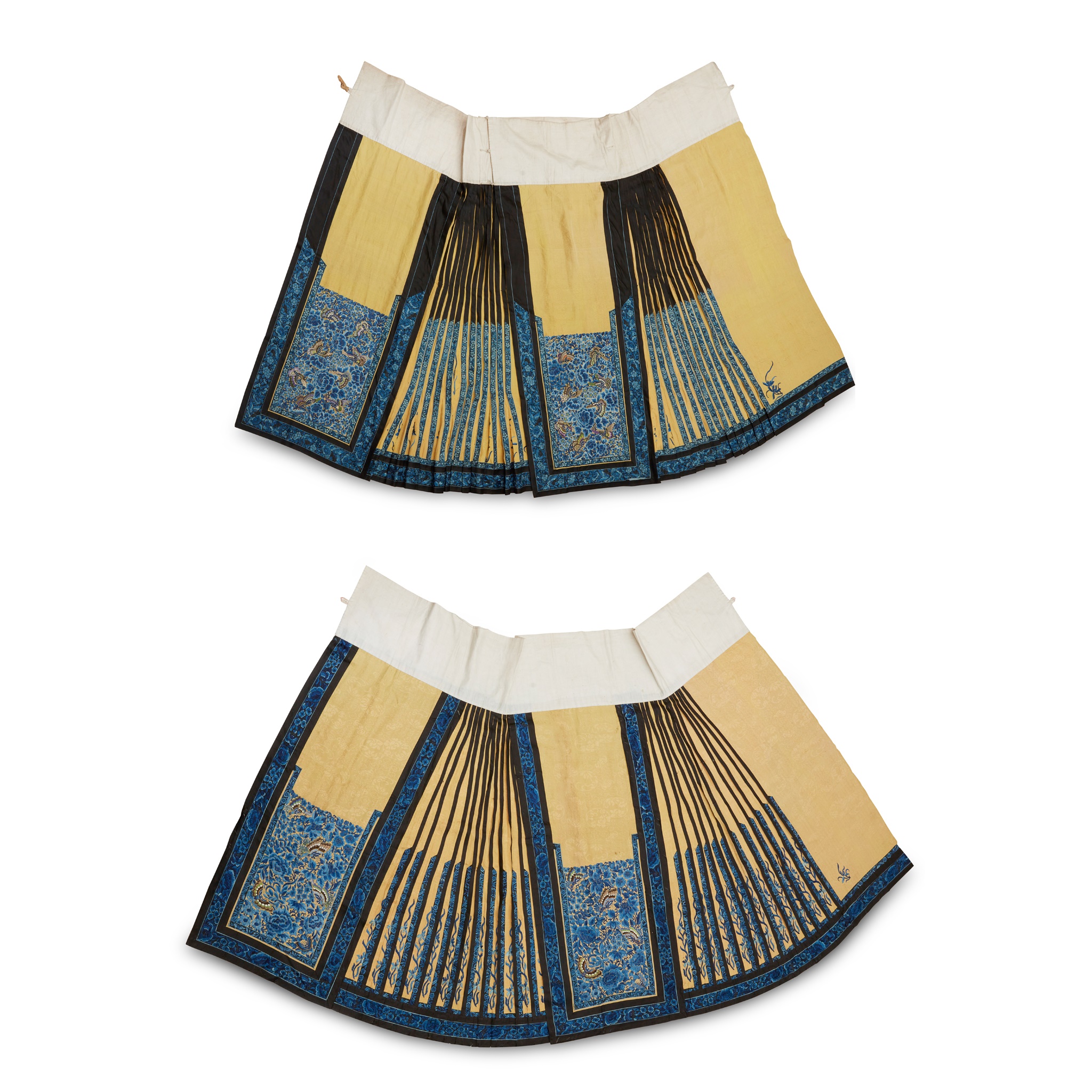 TWO HAN CHINESE WOMAN'S EMBROIDERED YELLOW SILK PLEATED SKIRTS