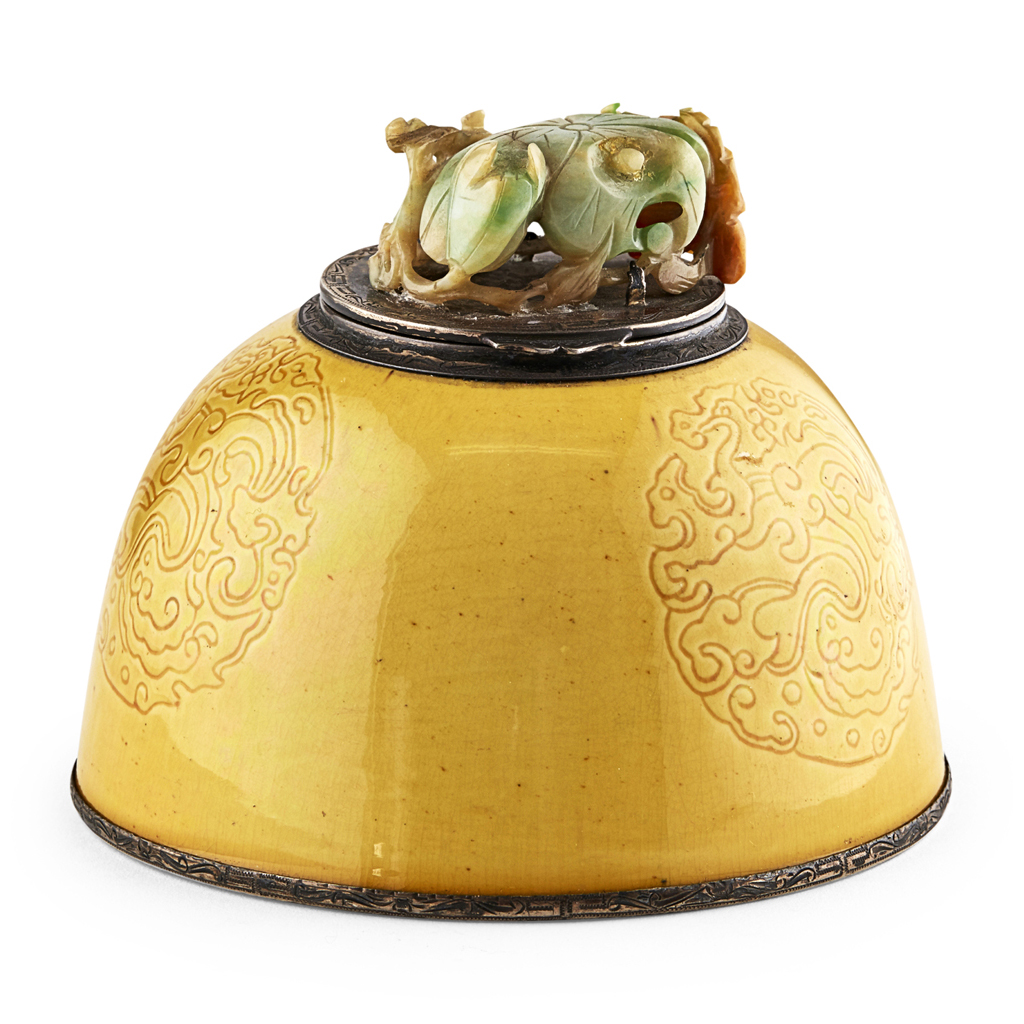 YELLOW GLAZED BEEHIVE WATER POT MOUNTED AS AN INKWELL