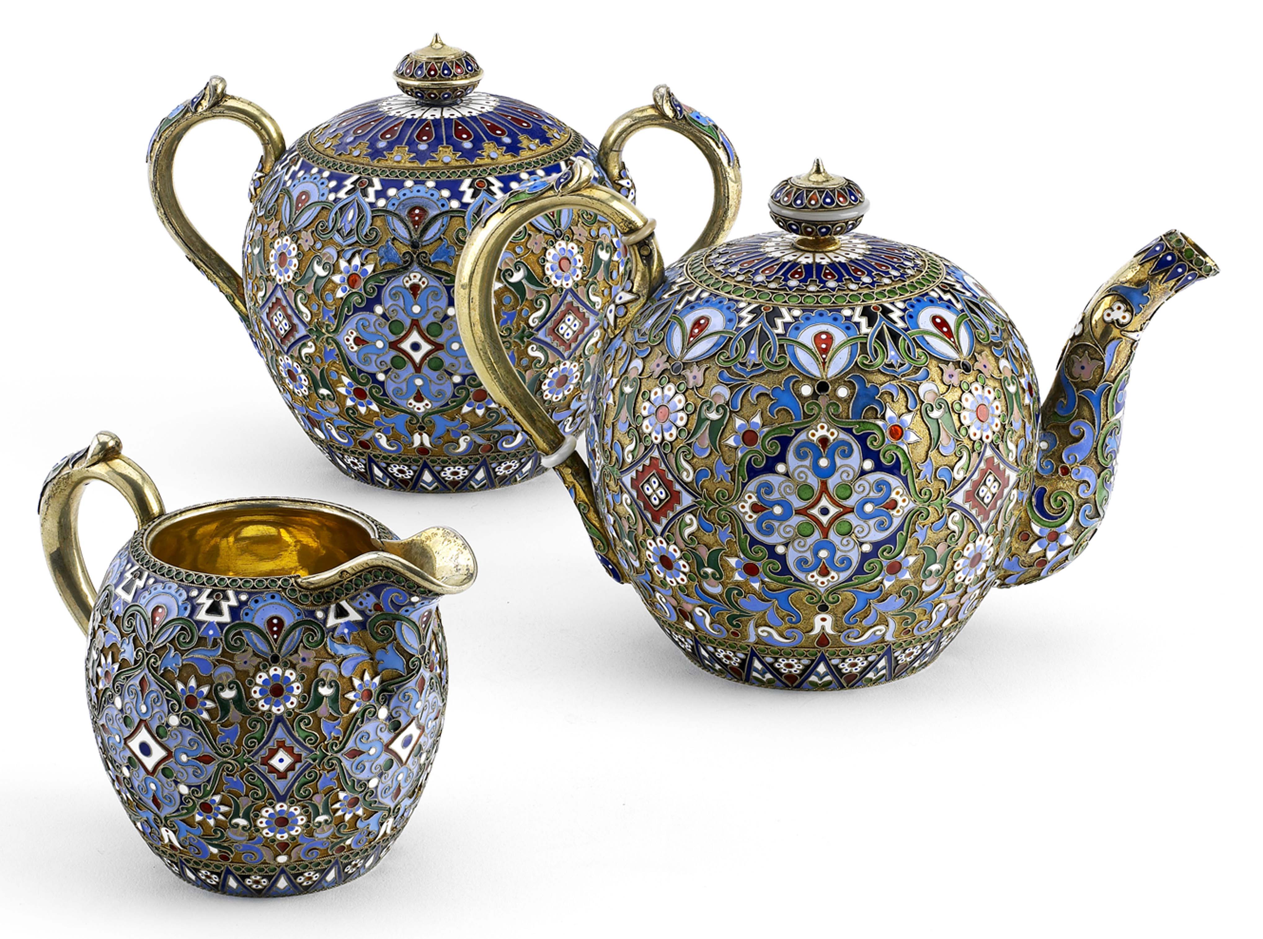 A Russian silver-gilt and cloisonné enamel three-piece tea-set