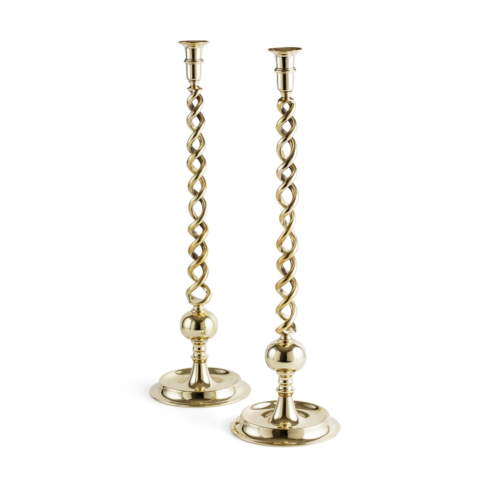 PAIR LARGE BARLEY TWIST BRASS CANDLESTICKS