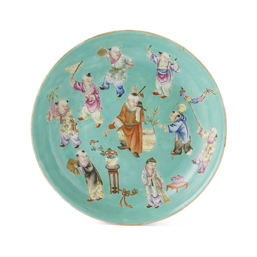 FAMILLE ROSE TURQUOISE GROUND 'BOYS AT PLAY' BOWL AND DISH