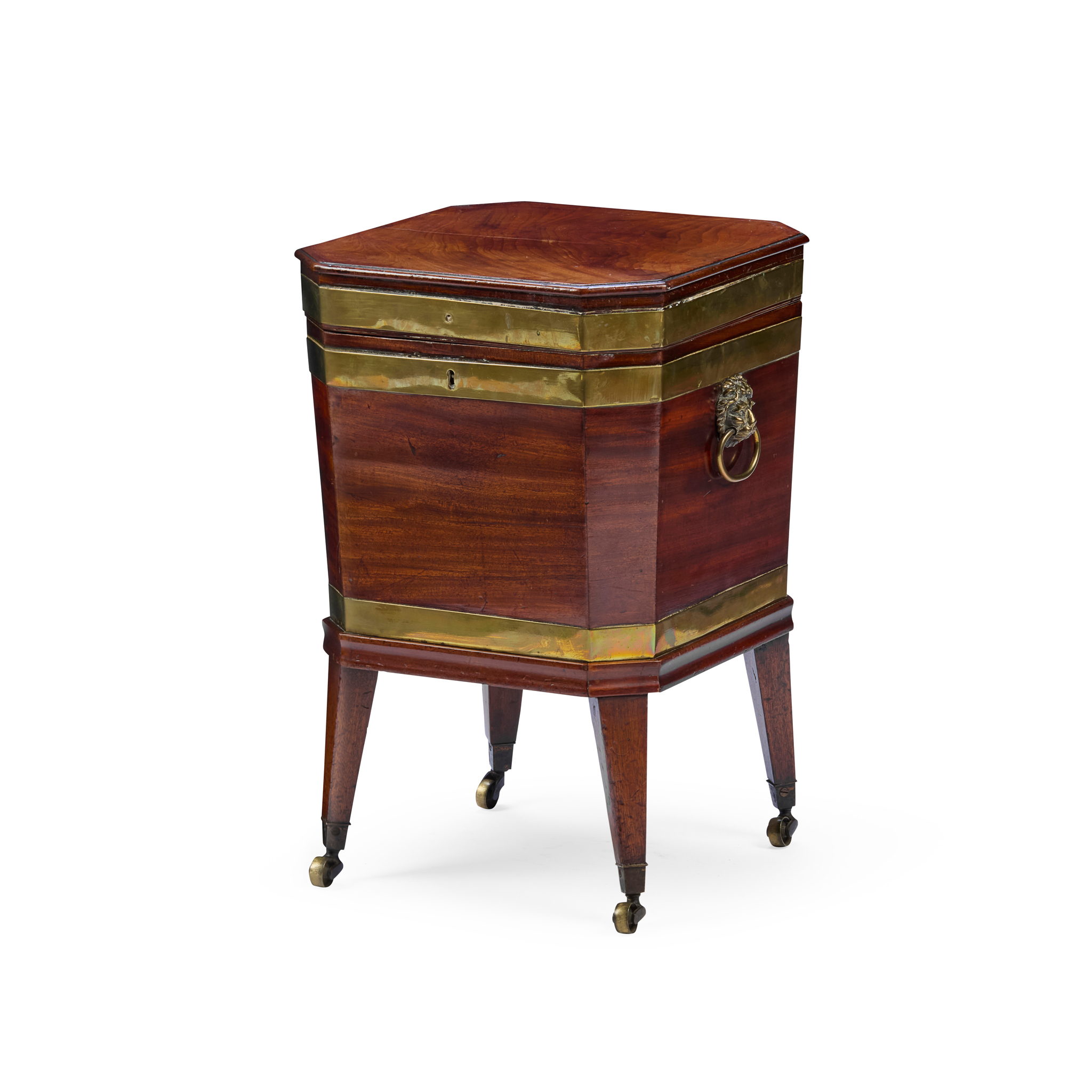 LATE GEORGE III MAHOGANY BRASS BANDED WINE COOLER