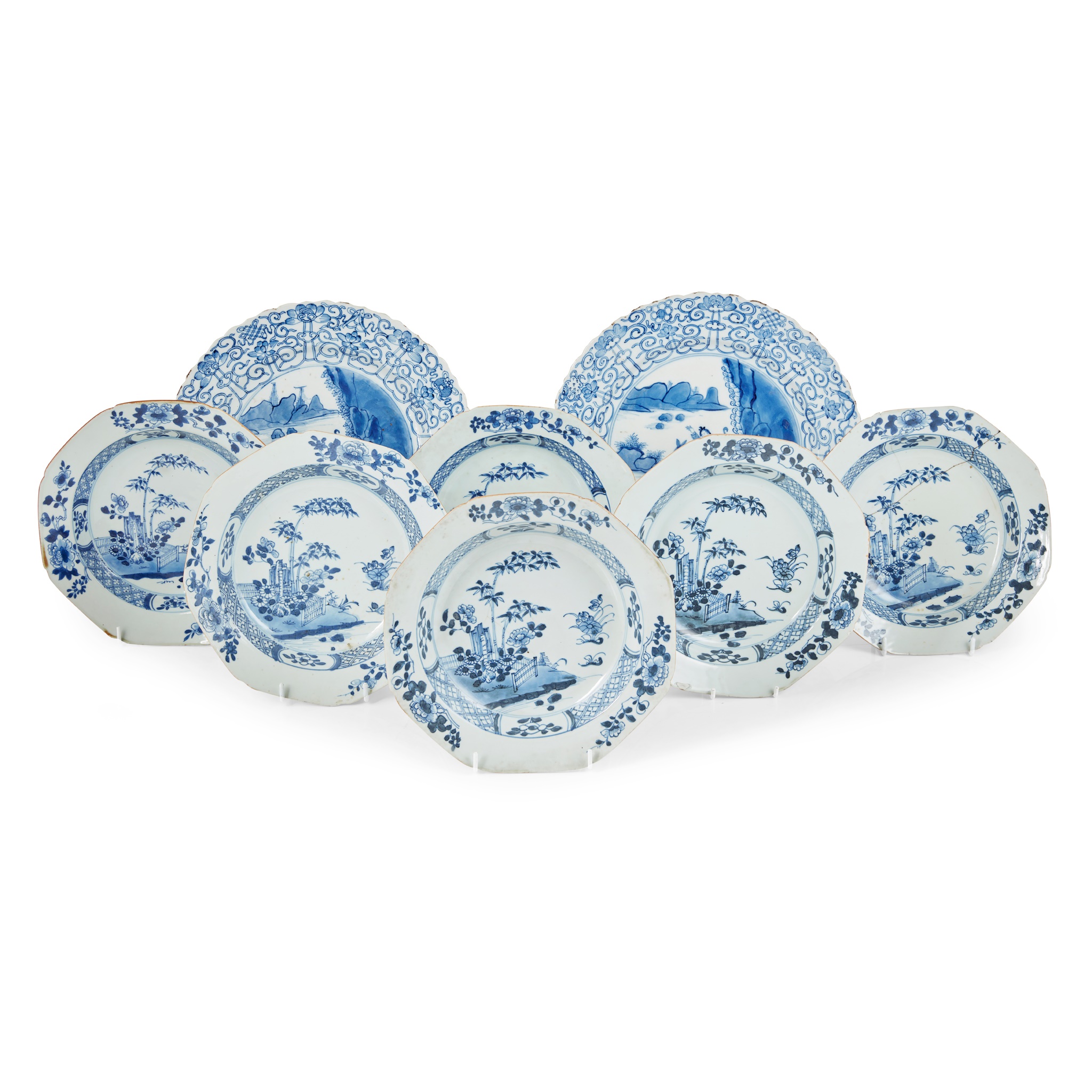 GROUP OF EIGHT BLUE AND WHITE PLATES