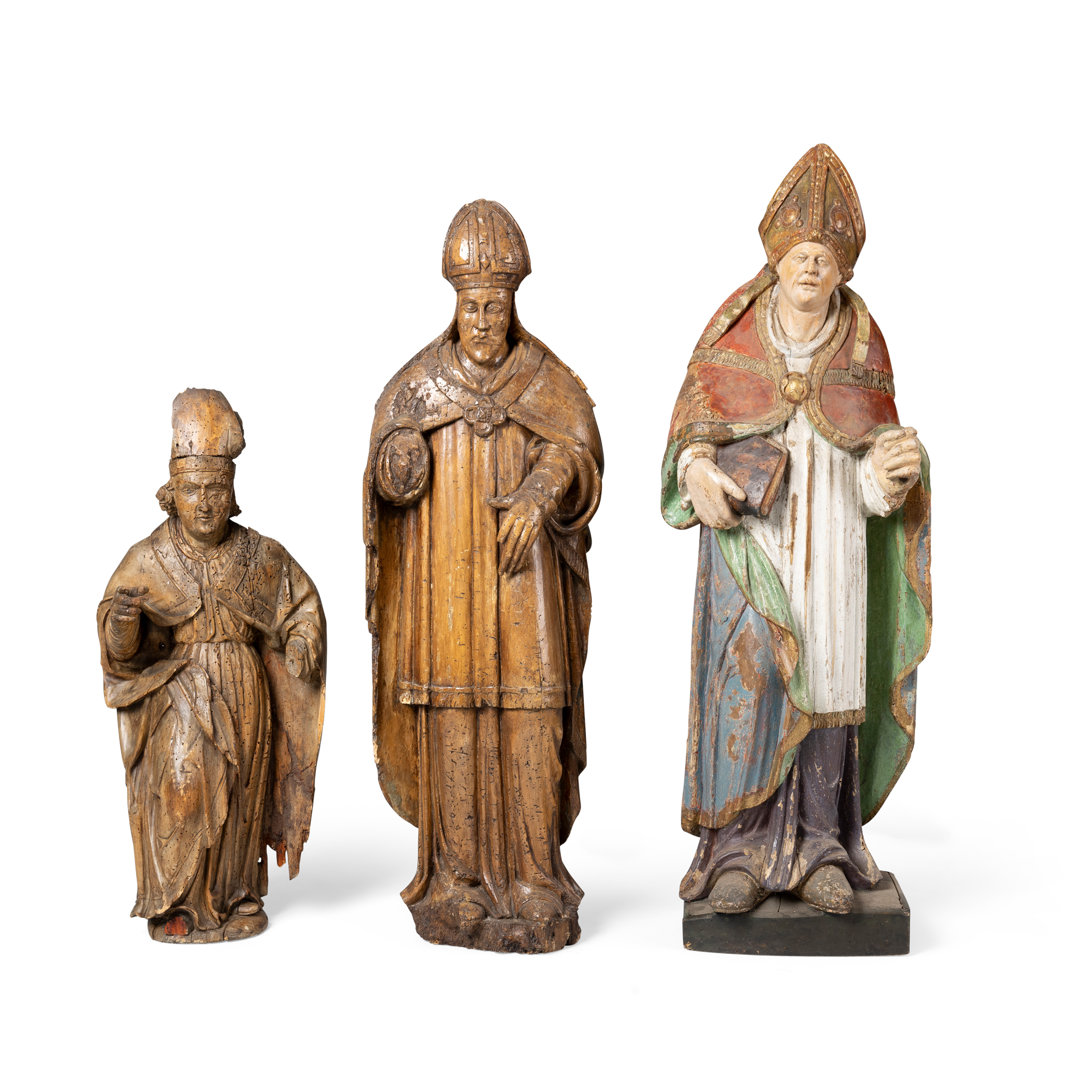 TWO CARVED WOODEN FIGURES OF BISHOPS