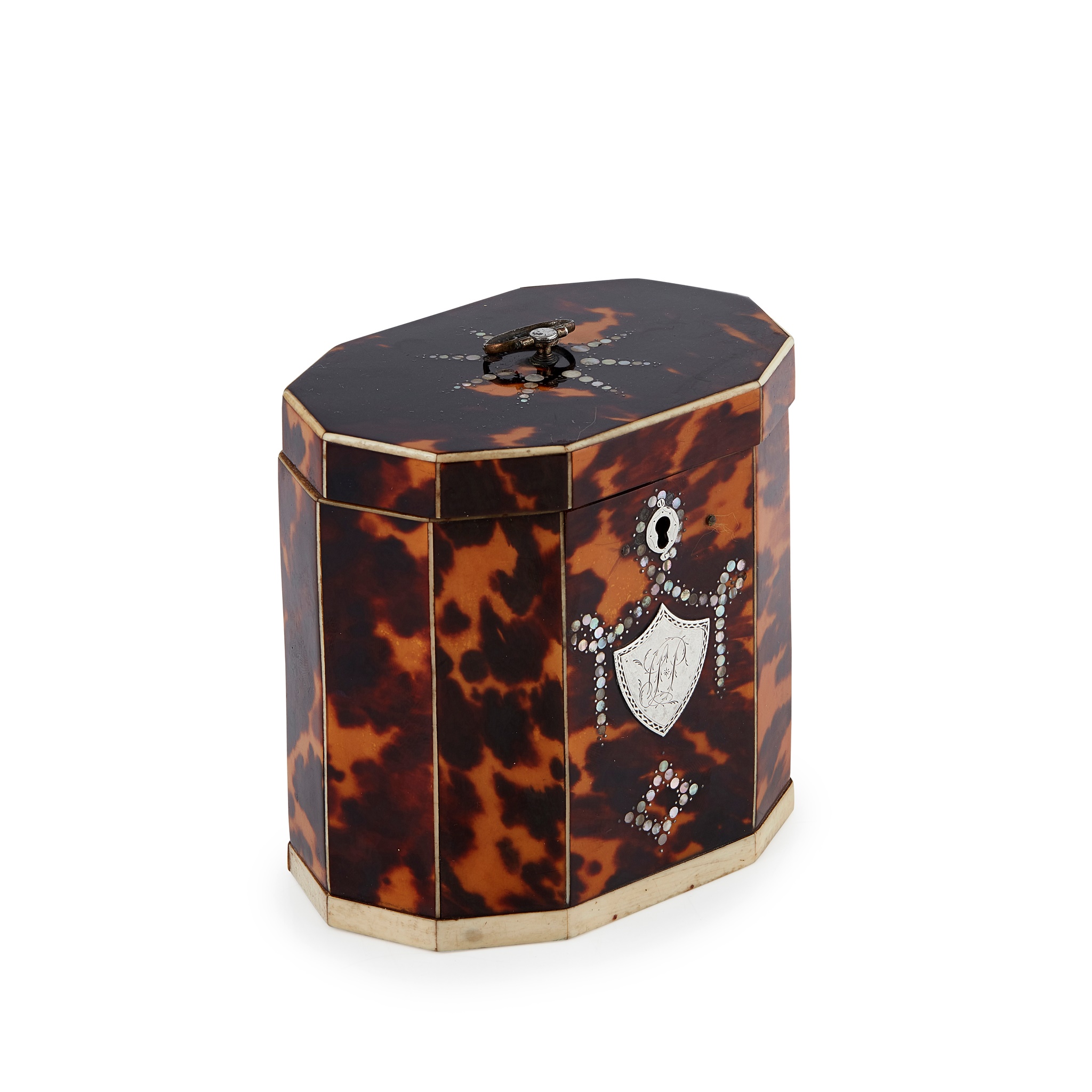 GEORGE III TORTOISESHELL AND IVORY DECAGONAL TEA CADDY