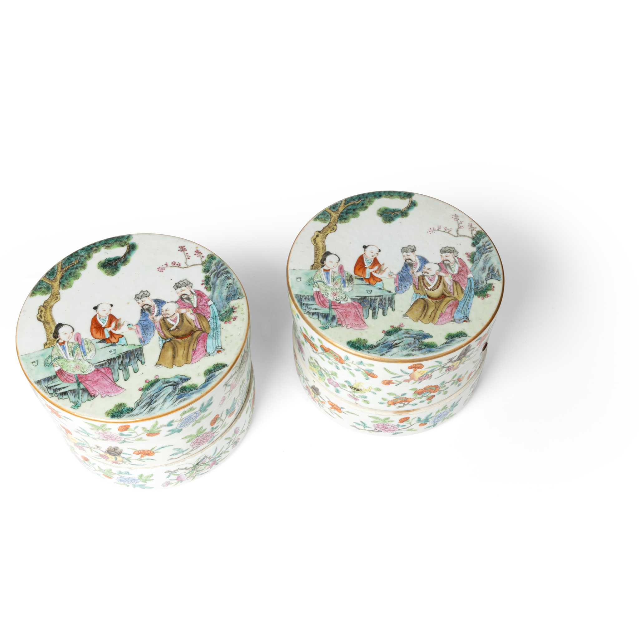TWO SETS OF FINE CHINESE FAMILLE ROSE TWO-TIER CIRCULAR BOXES WITH COVERS