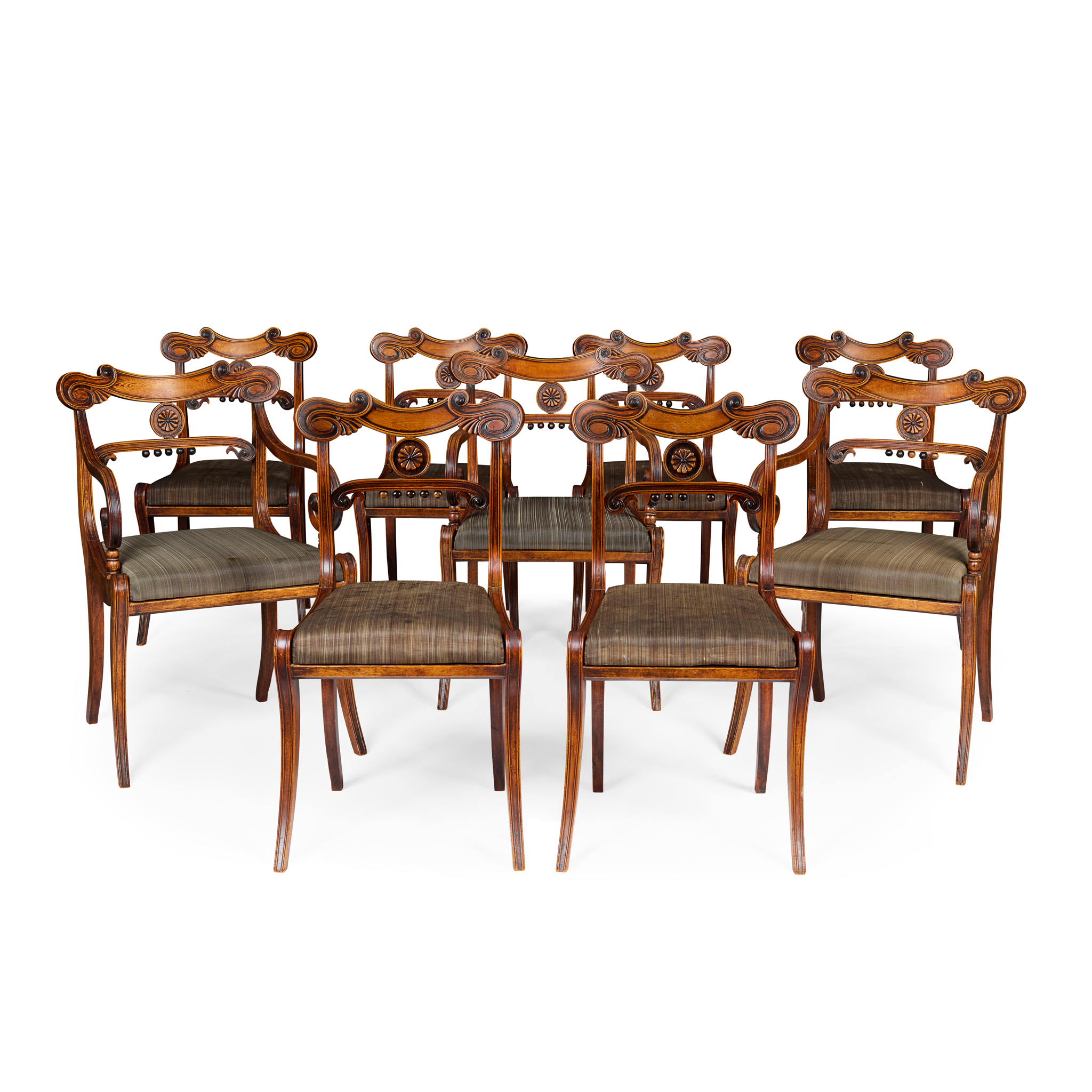 SET OF TEN REGENCY MAHOGANY AND EBONISED DINING CHAIRS