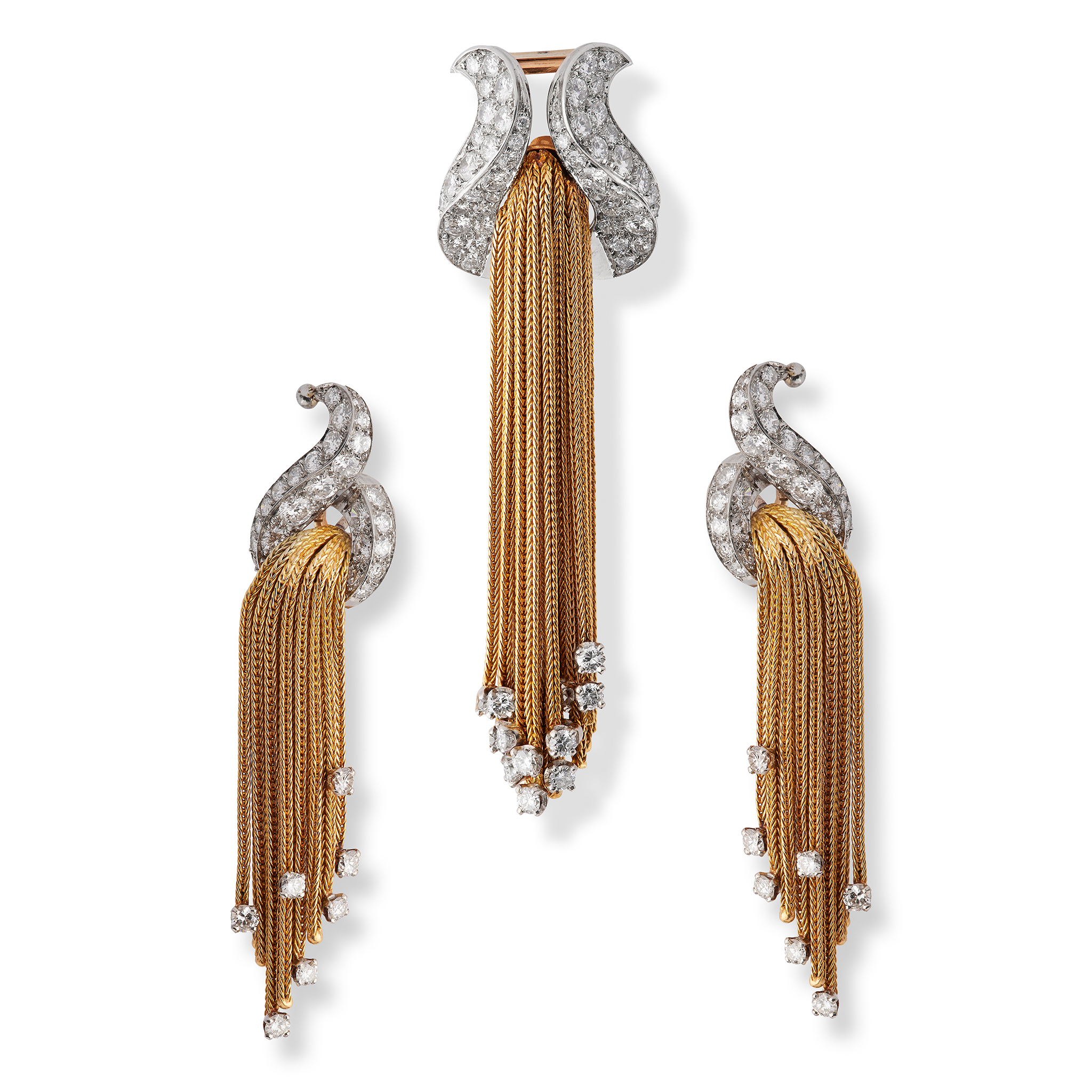 A diamond tassel brooch and earring suite, circa 1960