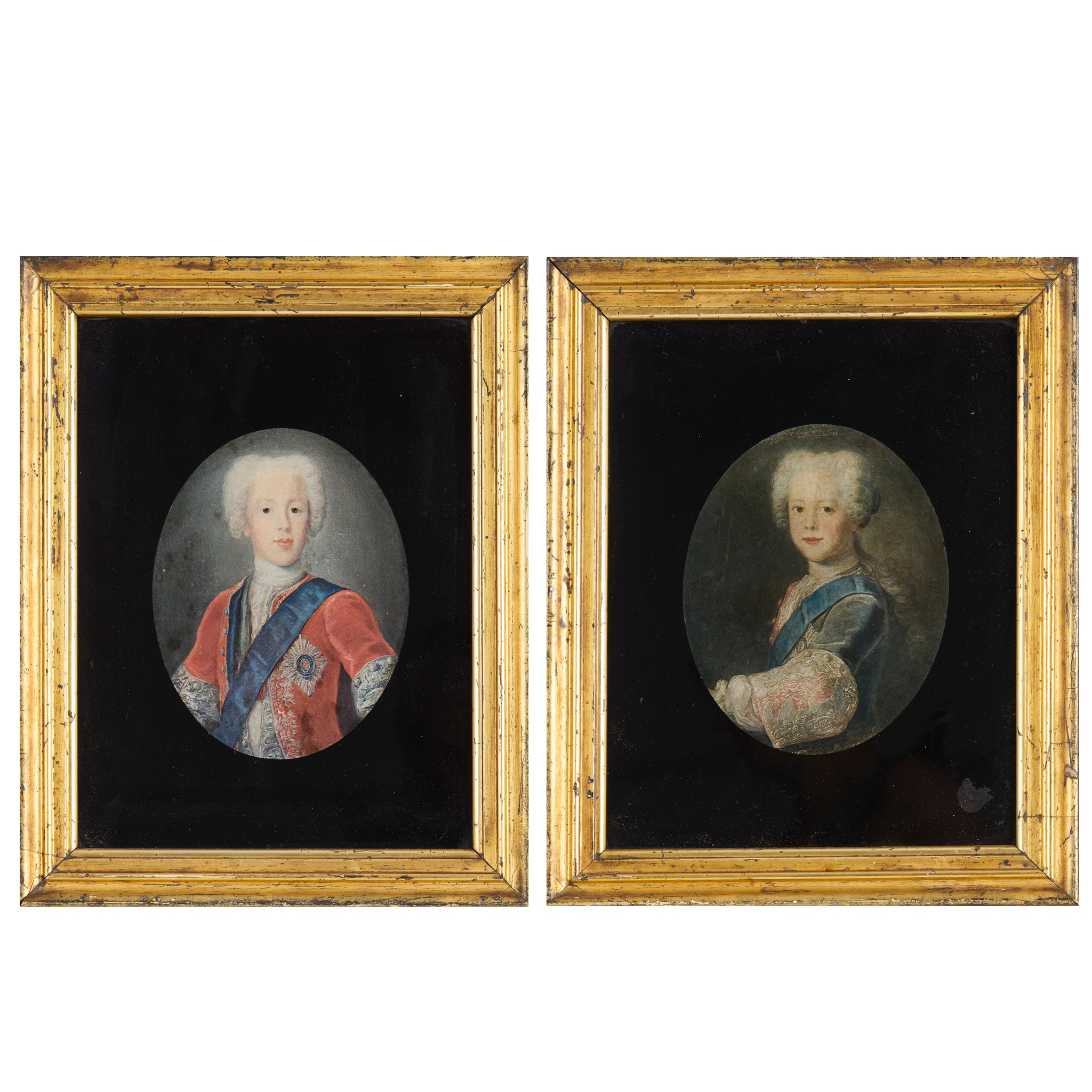 A PAIR OF VERRE EGLOMISE PORTRAITS OF BONNIE PRINCE CHARLIE AND PRINCE HENRY