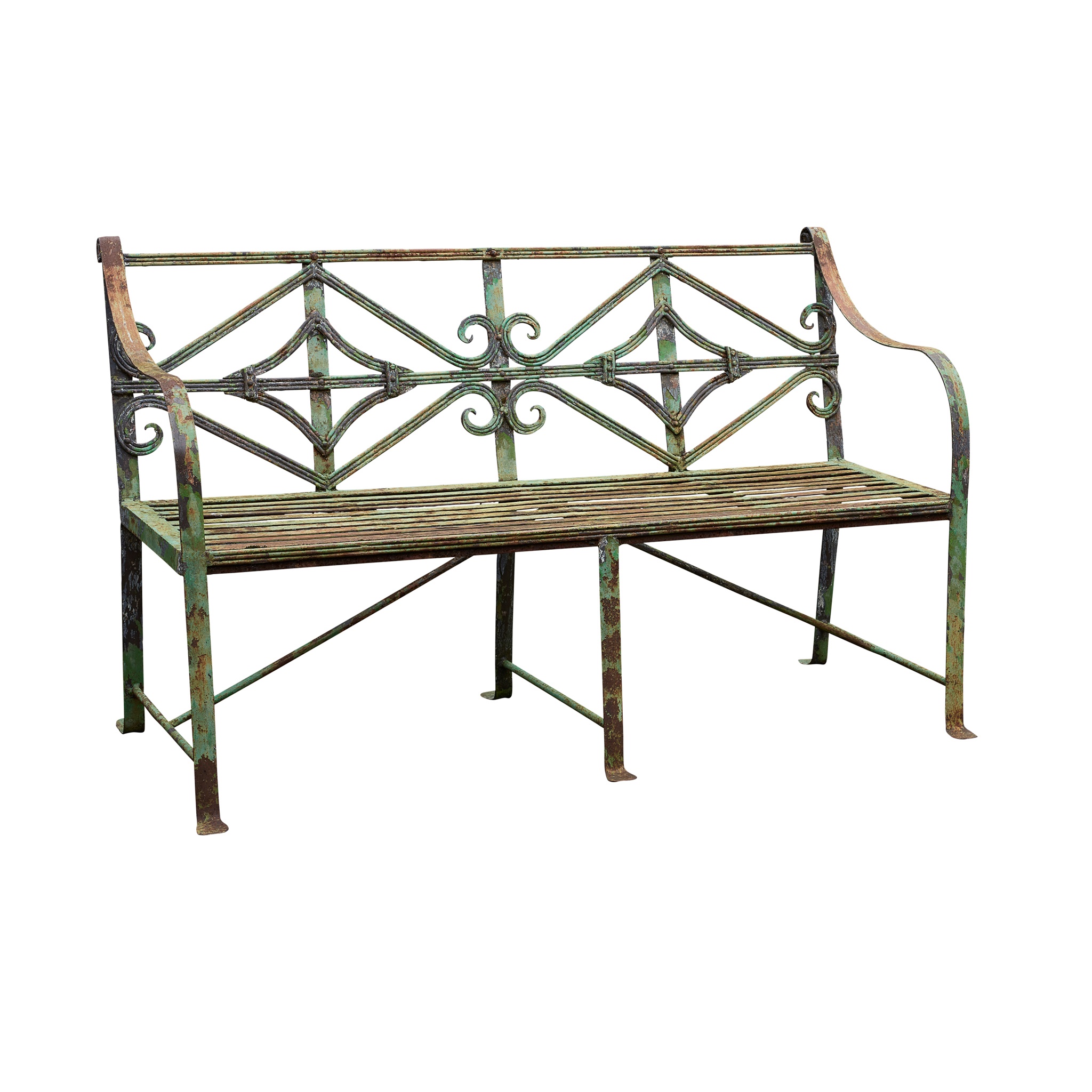 LATE REGENCY GREEN PAINTED WROUGHT IRON BENCH