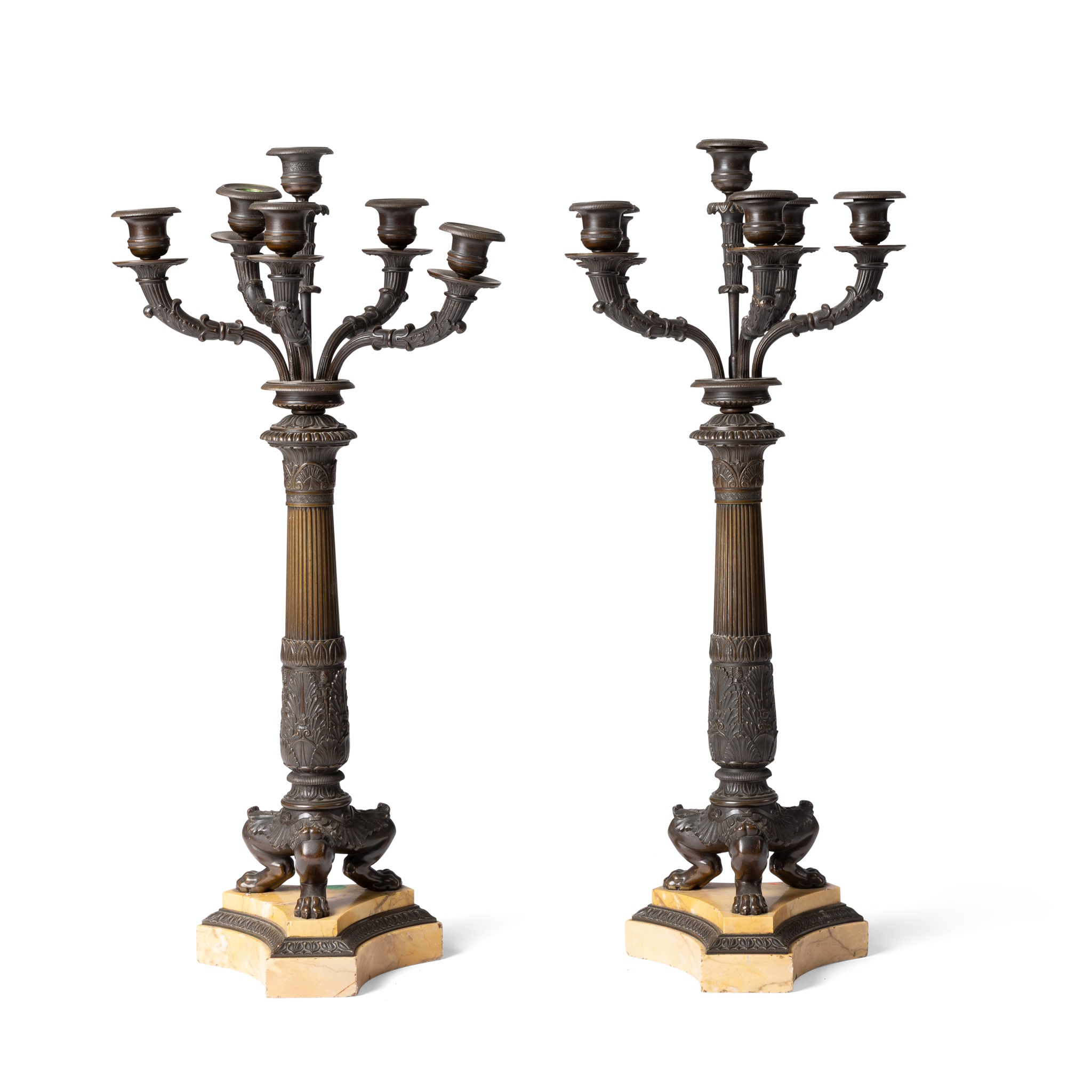 A PAIR OF BRONZE AND SIENNA MARBLE NEO CLASSICAL STYLE SIX LIGHT CANDELABRA