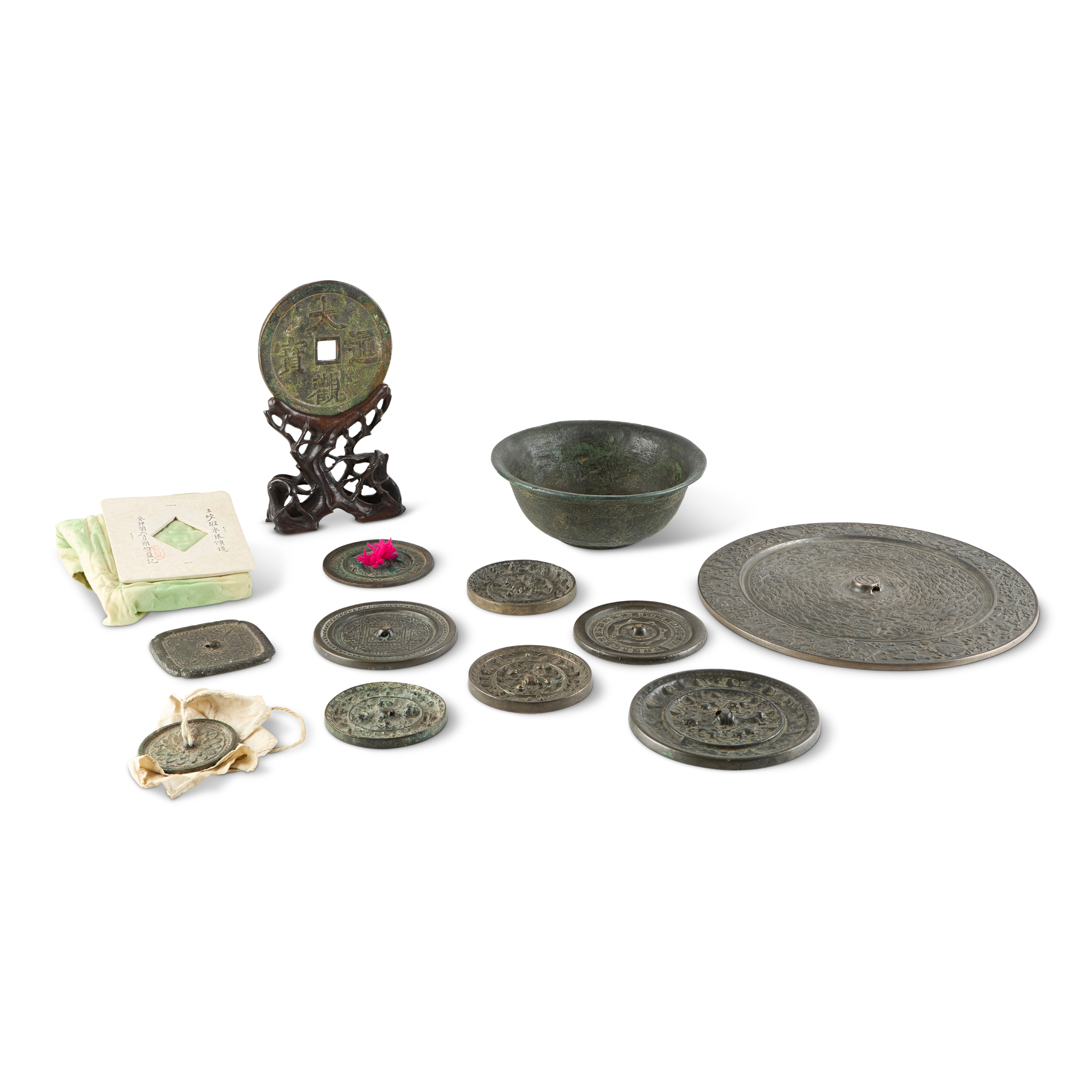GROUP OF TWELVE CHINESE BRONZE MIRRORS, COIN AND BOWL