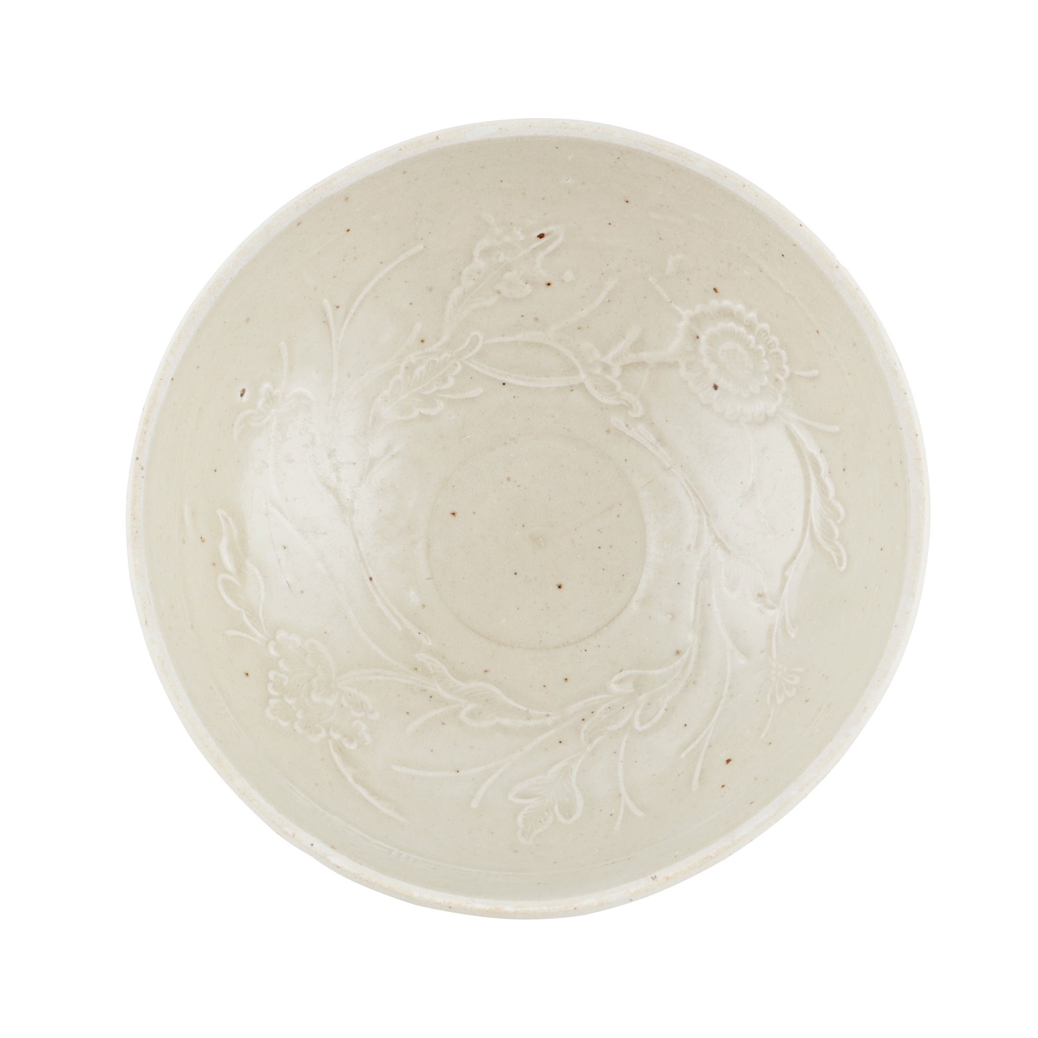 CELADON-GLAZED MOULDED 'CHRYSANTHEMUM AND PEONY' BOWL