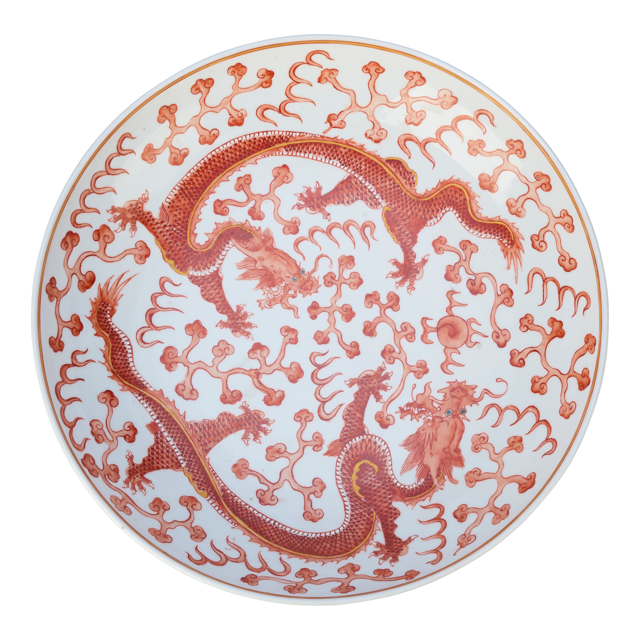 A LARGE CHINESE IRON-RED AND GILT DRAGON DISH