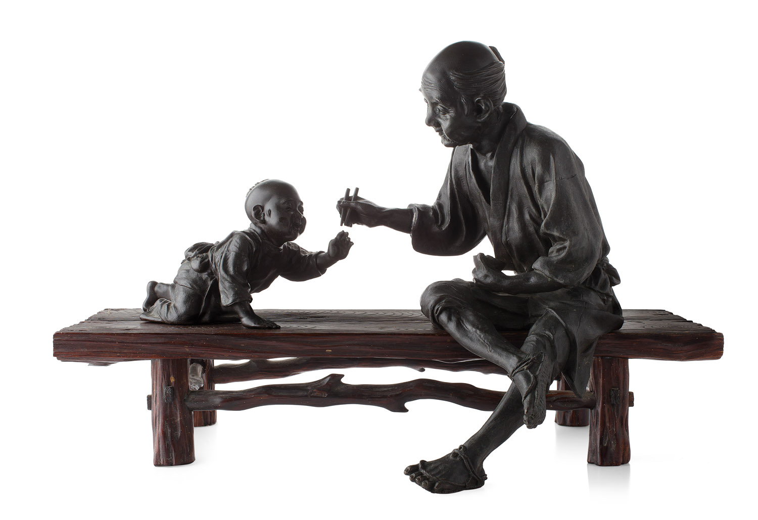 JAPANESE LARGE BRONZE AND WOOD FIGURE GROUP