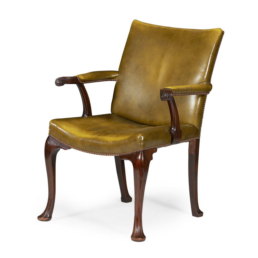GEORGE III STYLE MAHOGANY LEATHER LIBRARY ARMCHAIR
