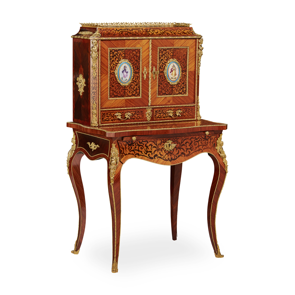 LOUIS XVI STYLE KINGWOOD, AMARANTH, INLAID AND PORCELAIN MOUNTED BONHEUR DU JOUR