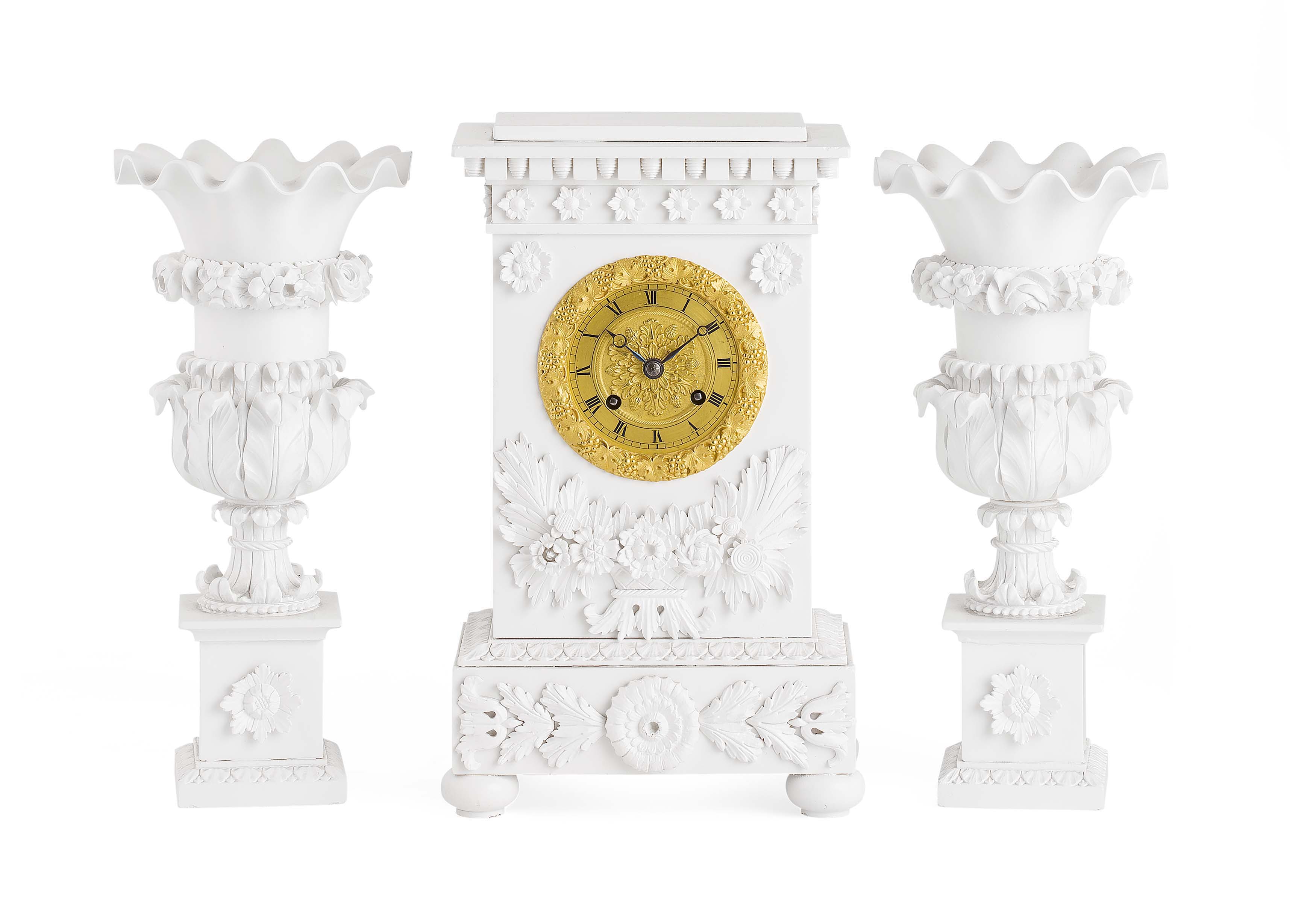 FRENCH WHITE PAINTED PLASTER CLOCK GARNITURE