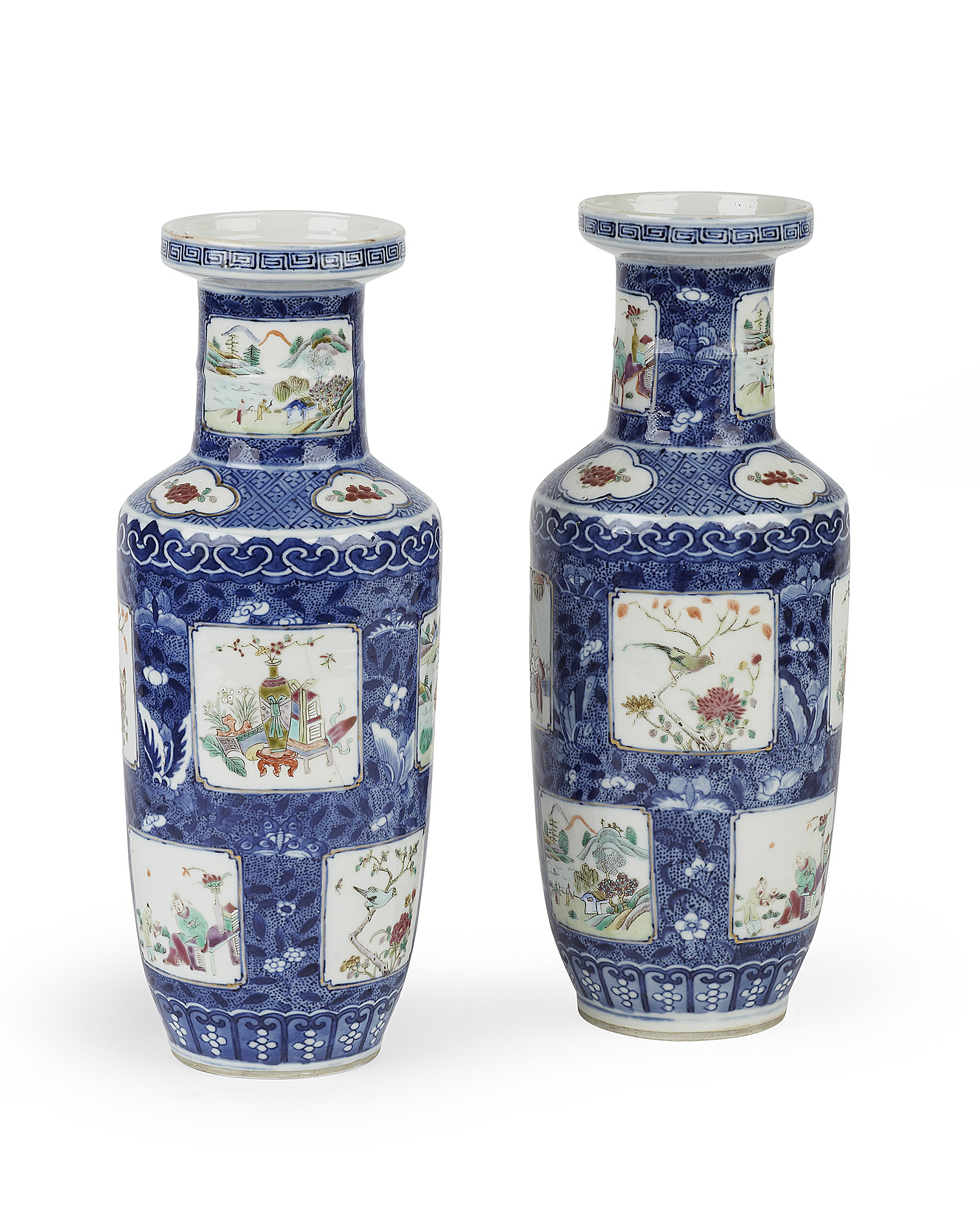 PAIR OF CHINESE EXPORT PORCELAIN FAMILLE ROSE ROULEAU VASES