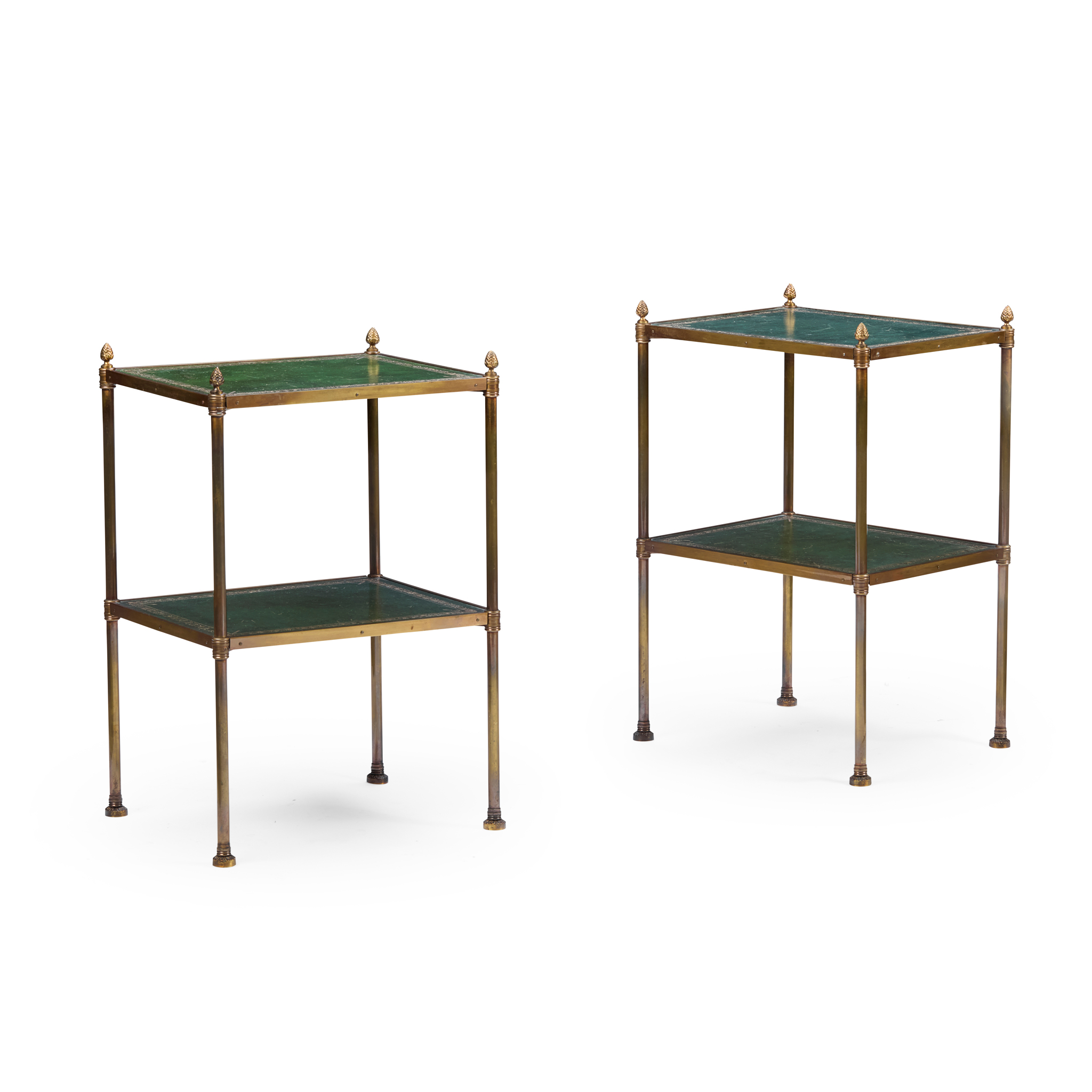 PAIR OF FRENCH BRASS AND LEATHER ETAGERE TABLES