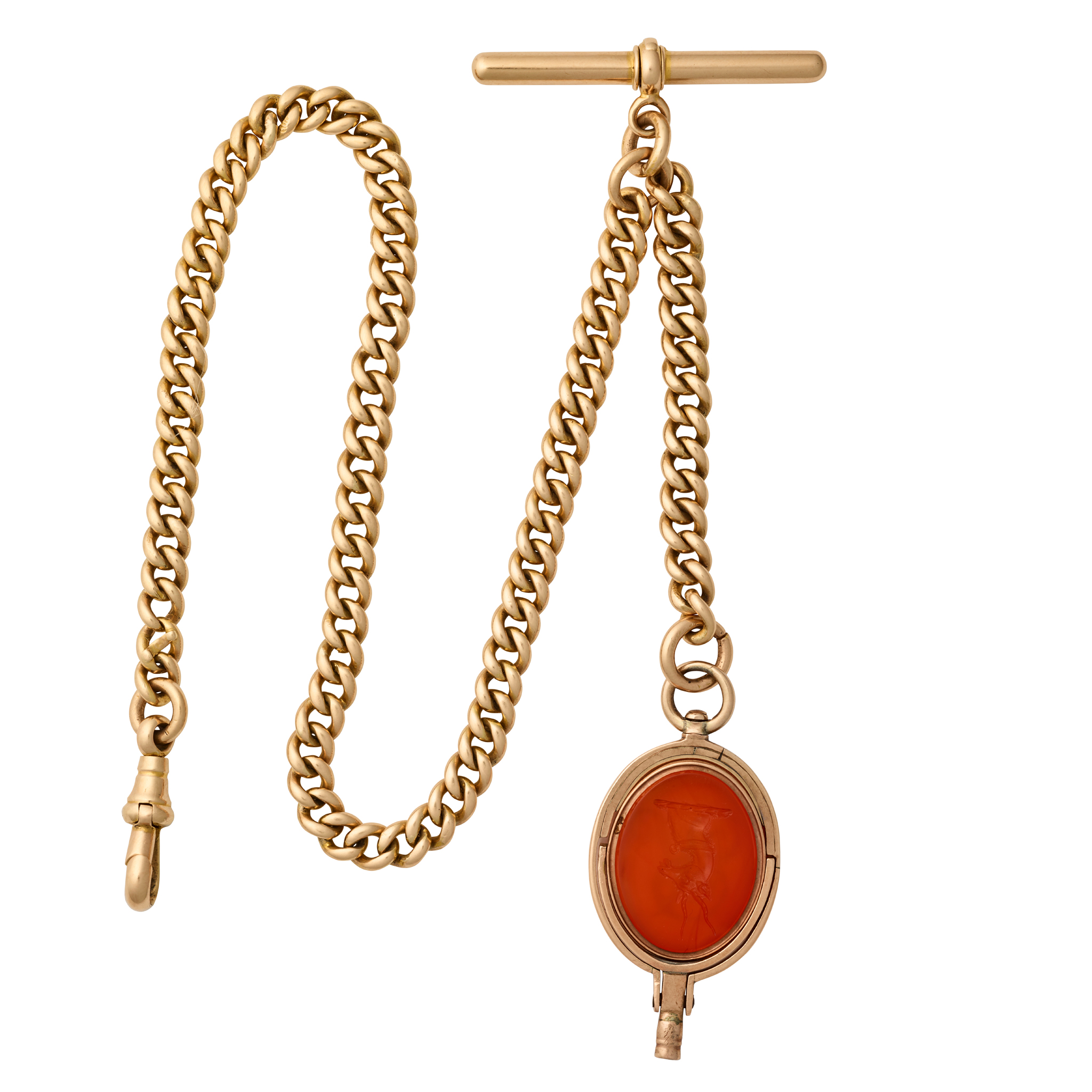 A 15k gold curb-link watch chain with key-fob.