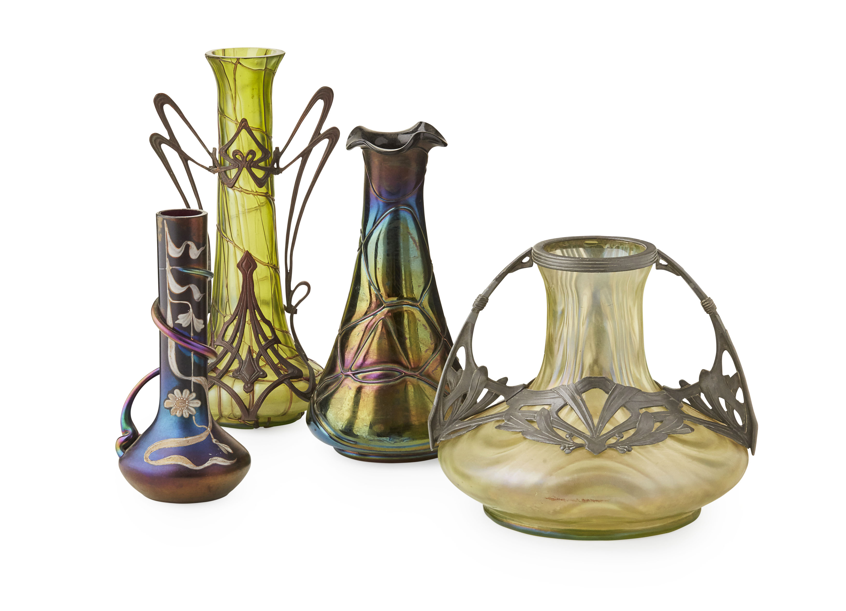 ART NOUVEAU PEWTER MOUNTED TWIN-HANDLED GLASS VASE