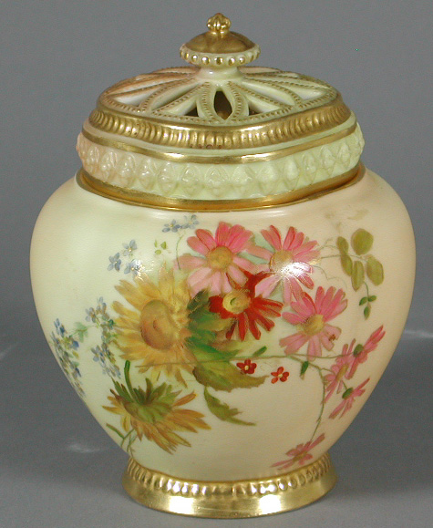 A Royal Worcester fluted globular pot pourri vase, cover and pierced outer lid