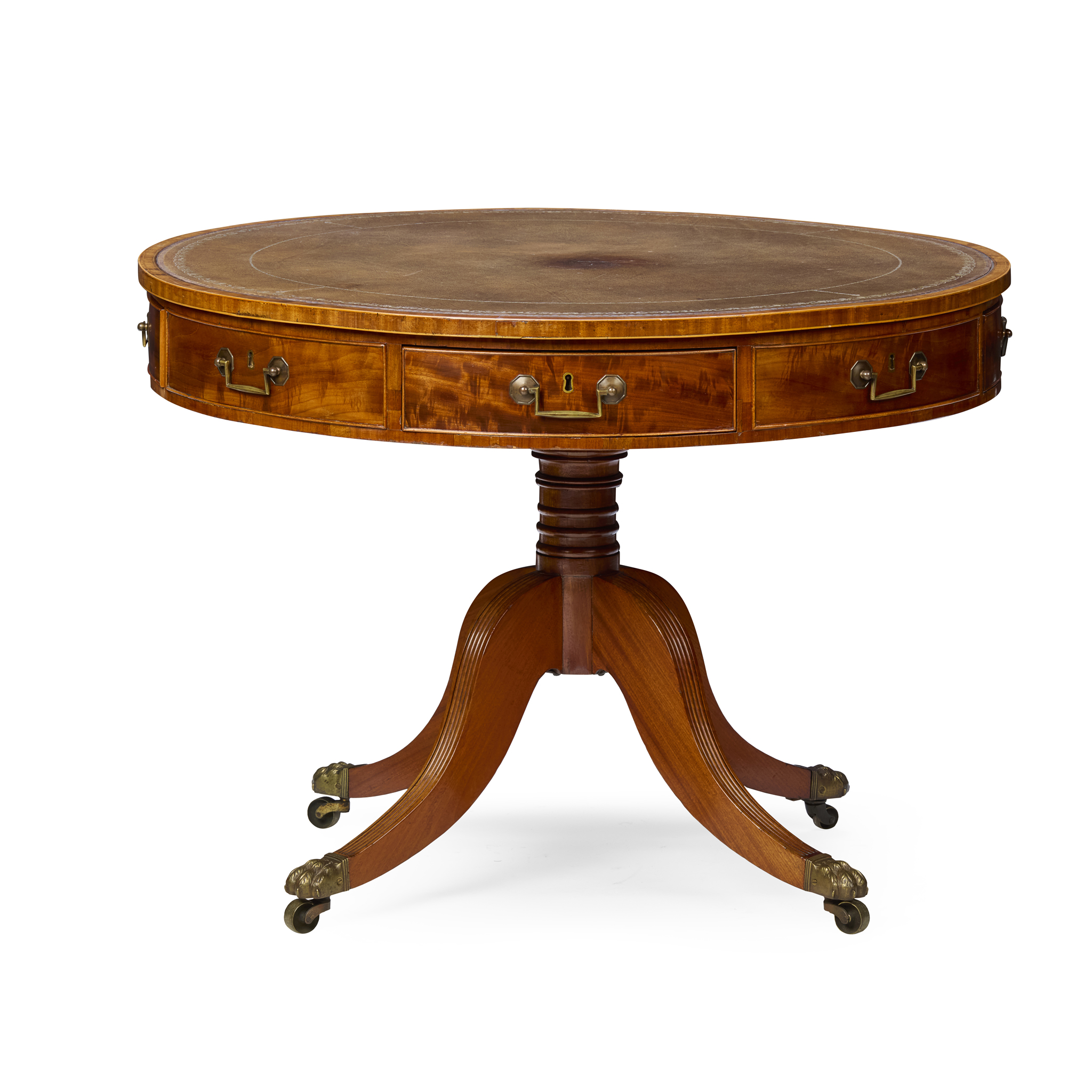 REGENCY MAHOGANY AND BOXWOOD DRUM LIBRARY TABLE