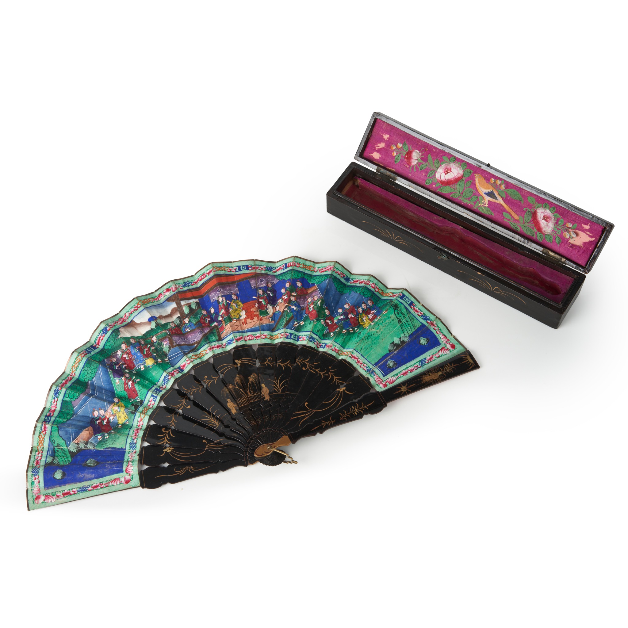 CANTON LACQUERED AND PAPER 'THOUSAND FACES' FAN