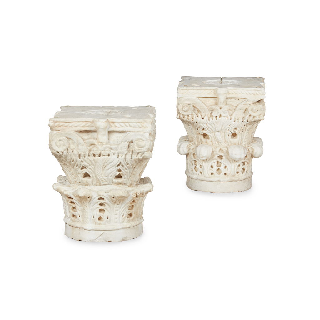 TWO BYZANTINE WHITE MARBLE CLOISTER CAPITALS