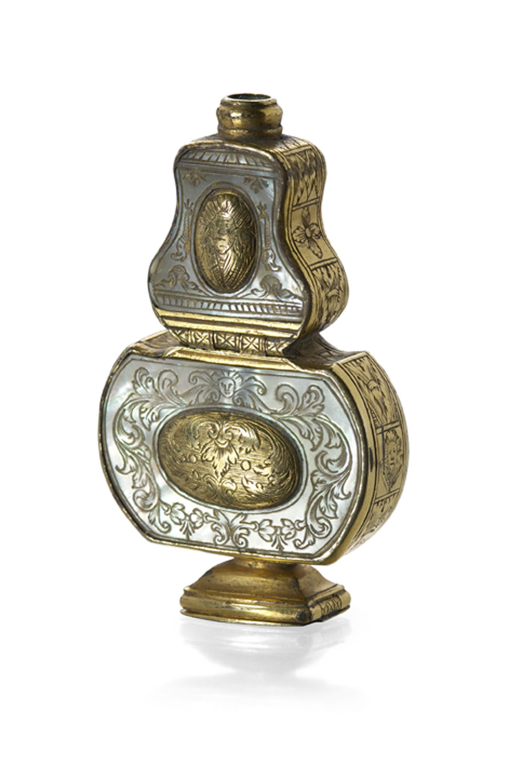 A late 17th early 18th century gilt metal and mother of pearl scent bottle and patch box