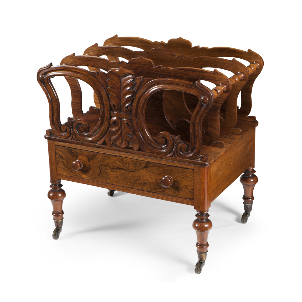 AN EARLY VICTORIAN WALNUT CANTERBURY