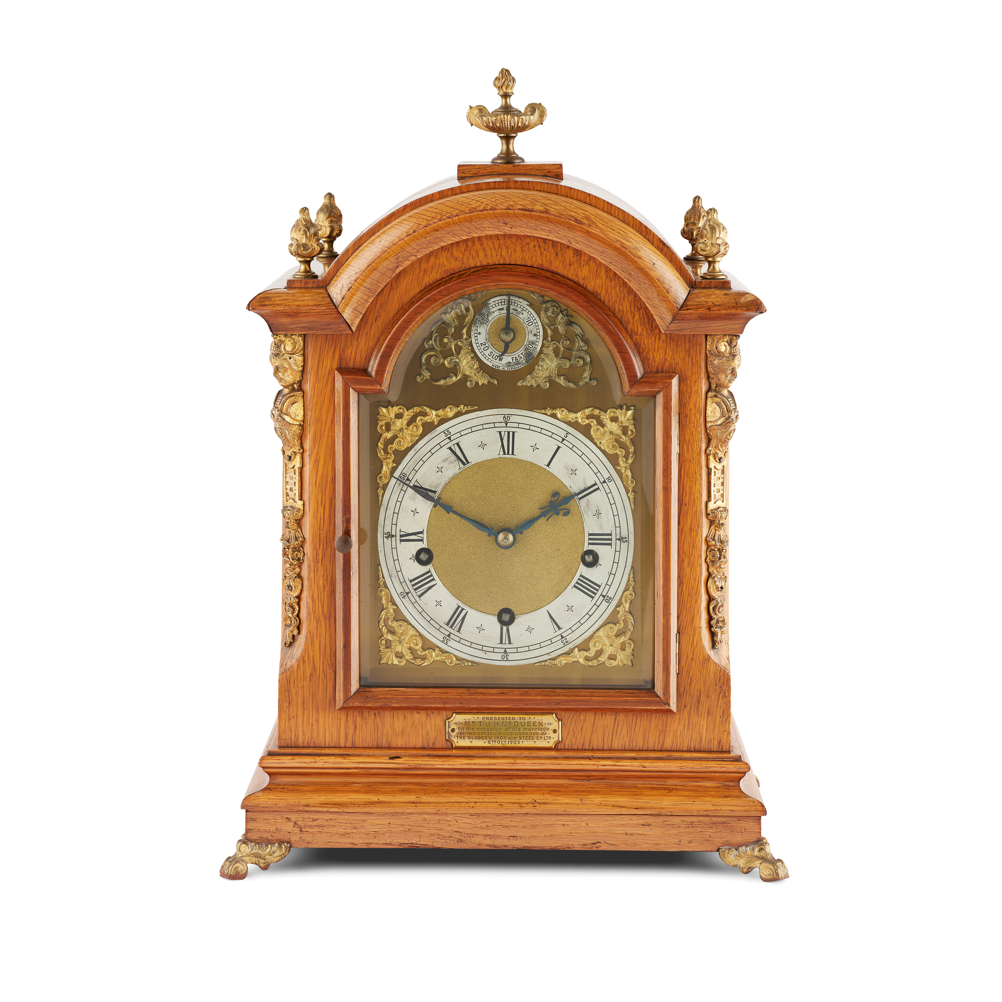 EDWARDIAN GERMAN OAK QUARTER CHIMING BRACKET CLOCK