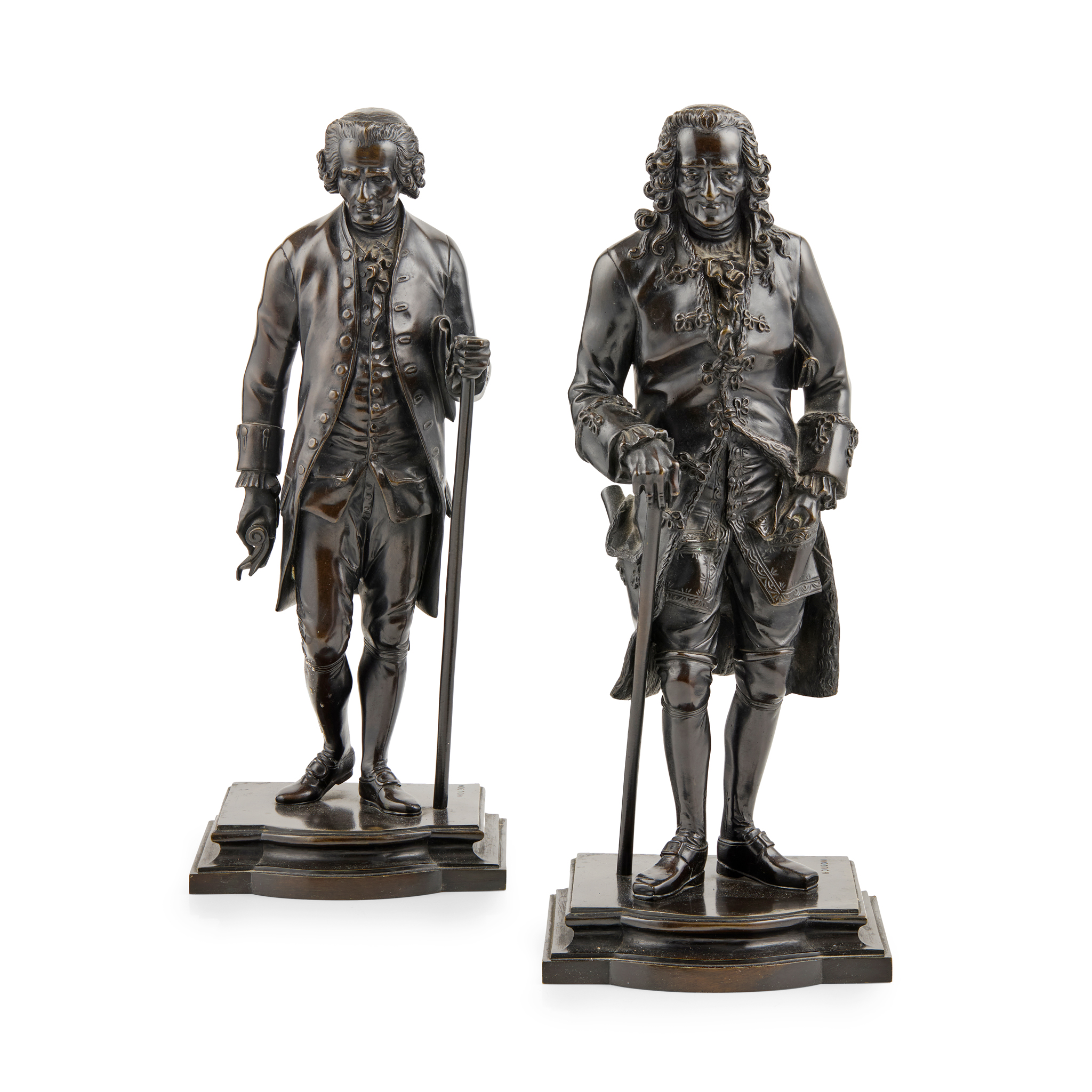 PAIR OF FRENCH BRONZE FIGURES OF ROUSSEAU AND VOLTAIRE