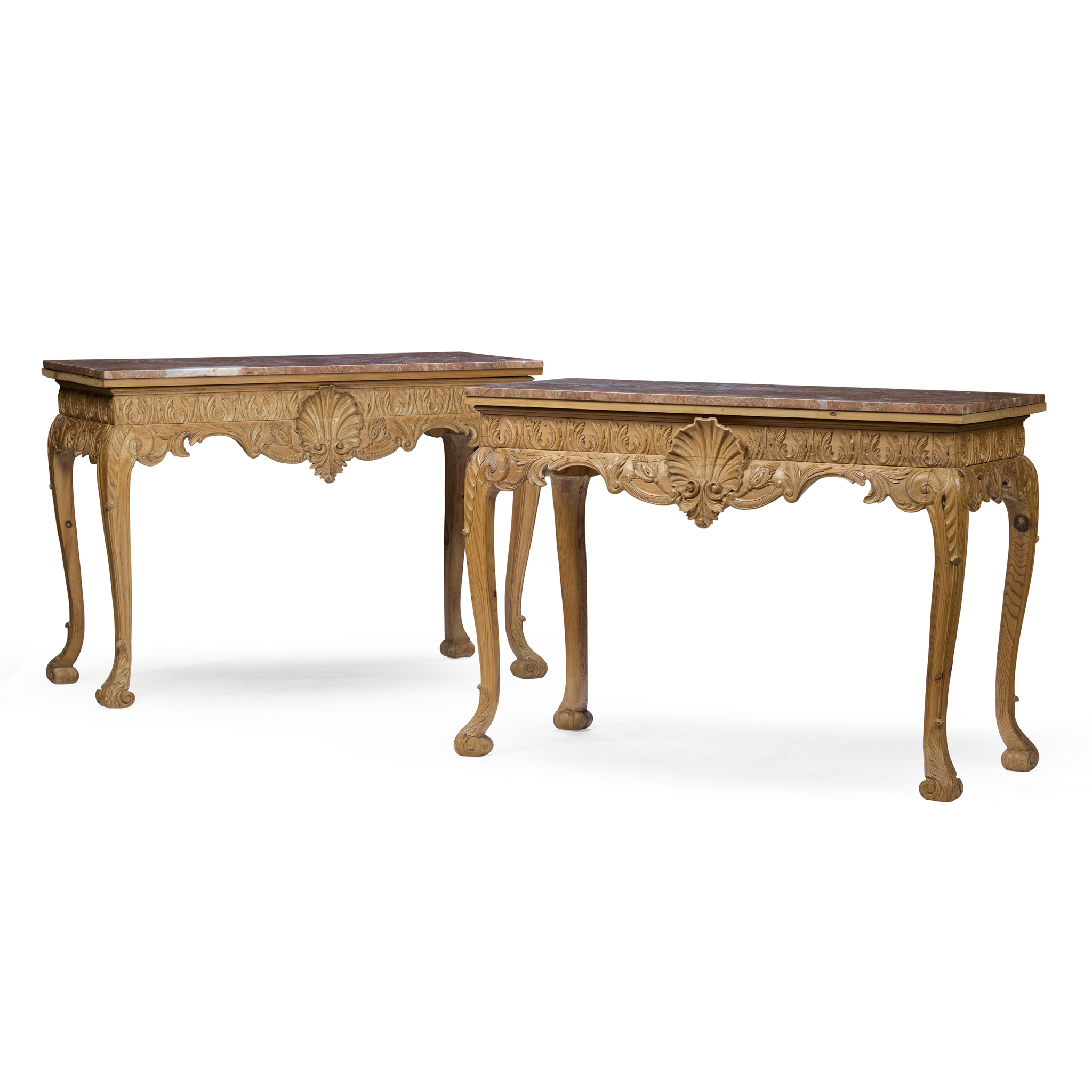 PAIR OF GEORGIAN STYLE CARVED PINE AND MARBLE TOPPED CONSOLE TABLES