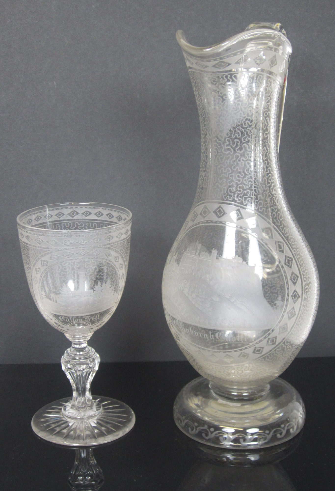 VICTORIAN ETCHED AND CUT GLASS EWER AND GOBLET, HOLYROOD GLASS WORKS