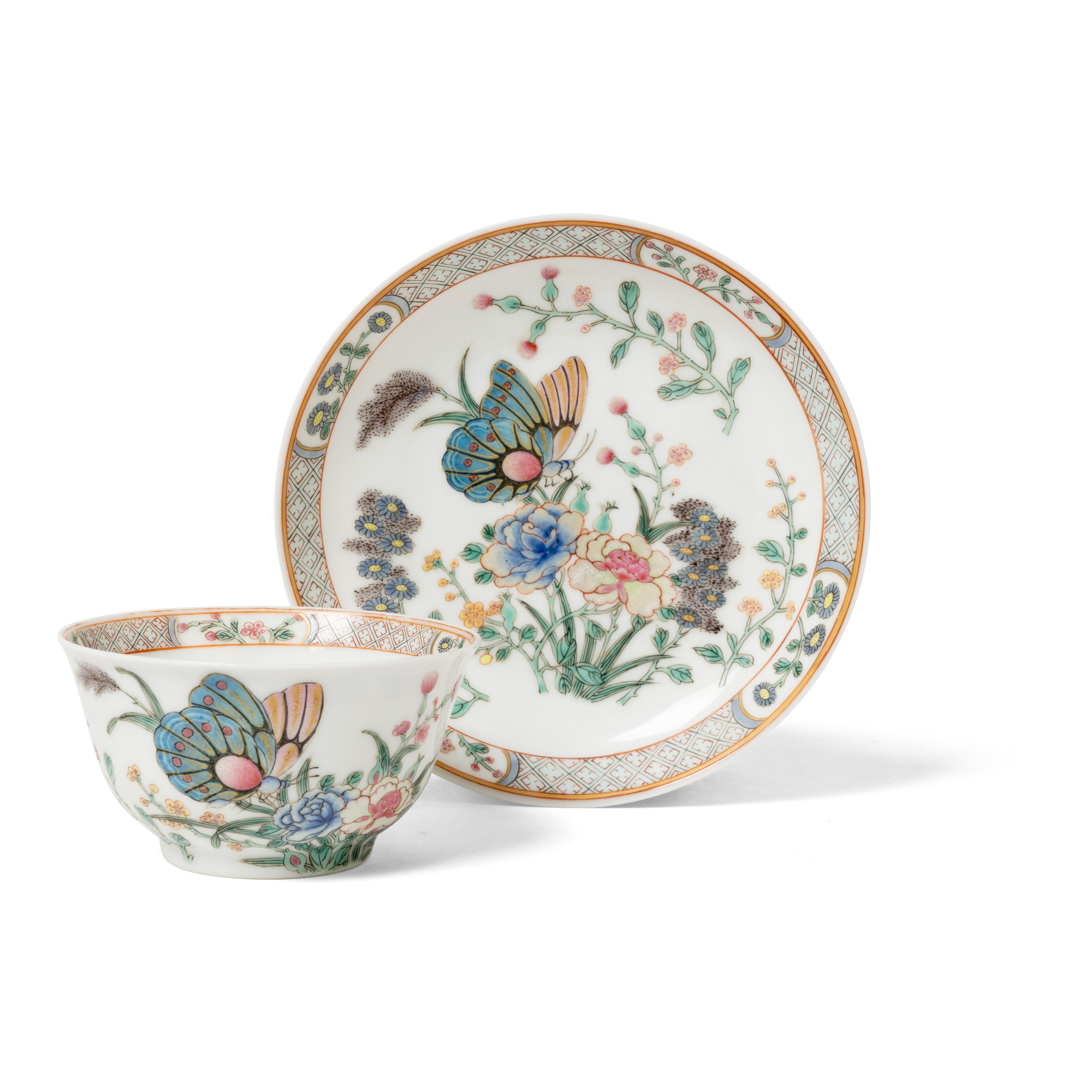 SET OF TWO CHINESE FAMILLE ROSE 'BUTTERFLY' TEA CUP AND SAUCER