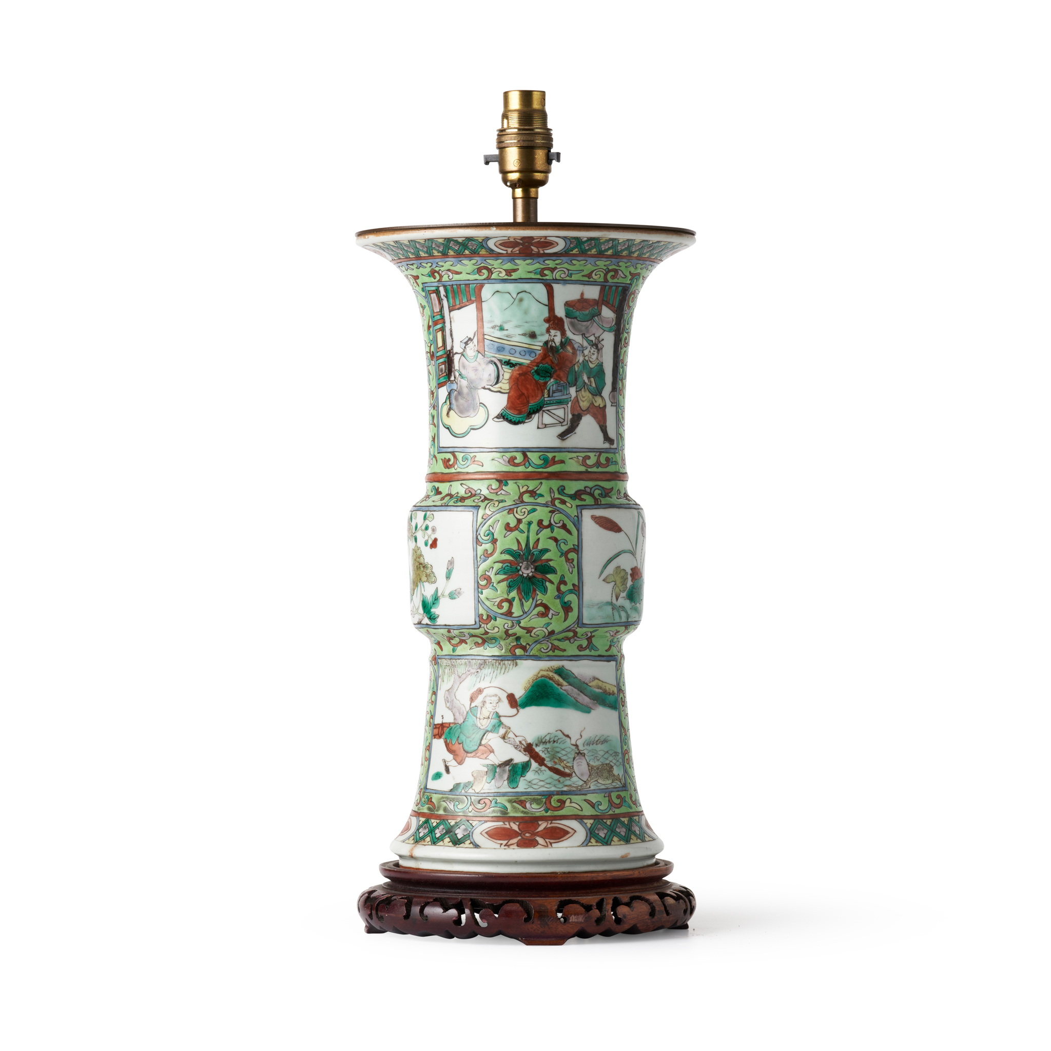CHINESE LIME-GREEN-GROUND FAMILLE ROSE 'GU' VASE