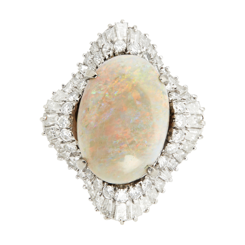 A mid-20th century opal and diamond set cluster ring